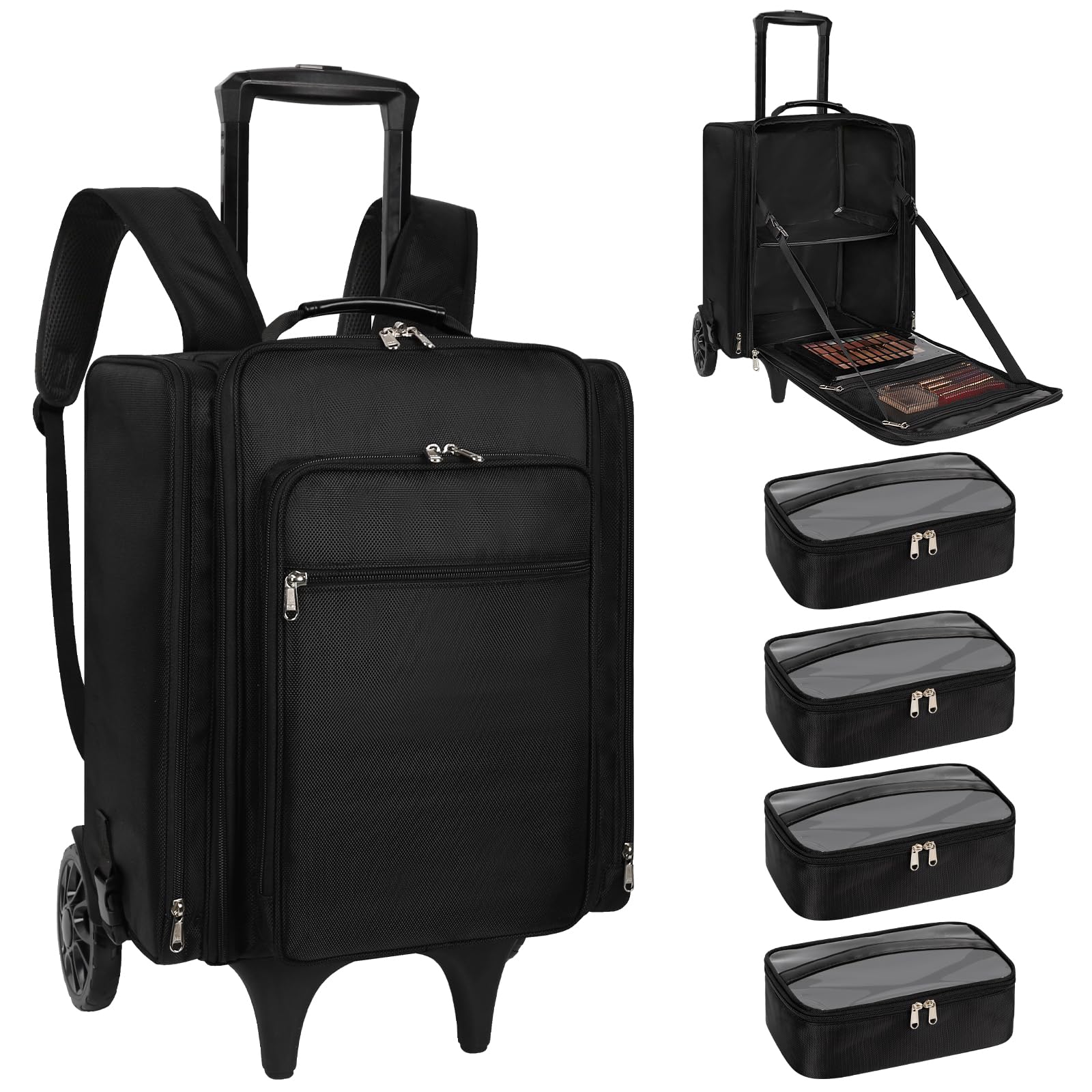 Professional Rolling Makeup Case - Extra Large Travel Cosmetic Organizer with 4 Removable Bags | Portable Makeup Train Case for Artists & Beauty Enthusiasts | Perfect for Salon, Bridal, On-Set & Travel Makeup Storage