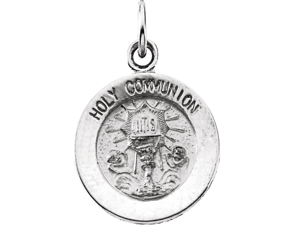 Sterling Silver Round Holy Communion Medal Necklace with 18