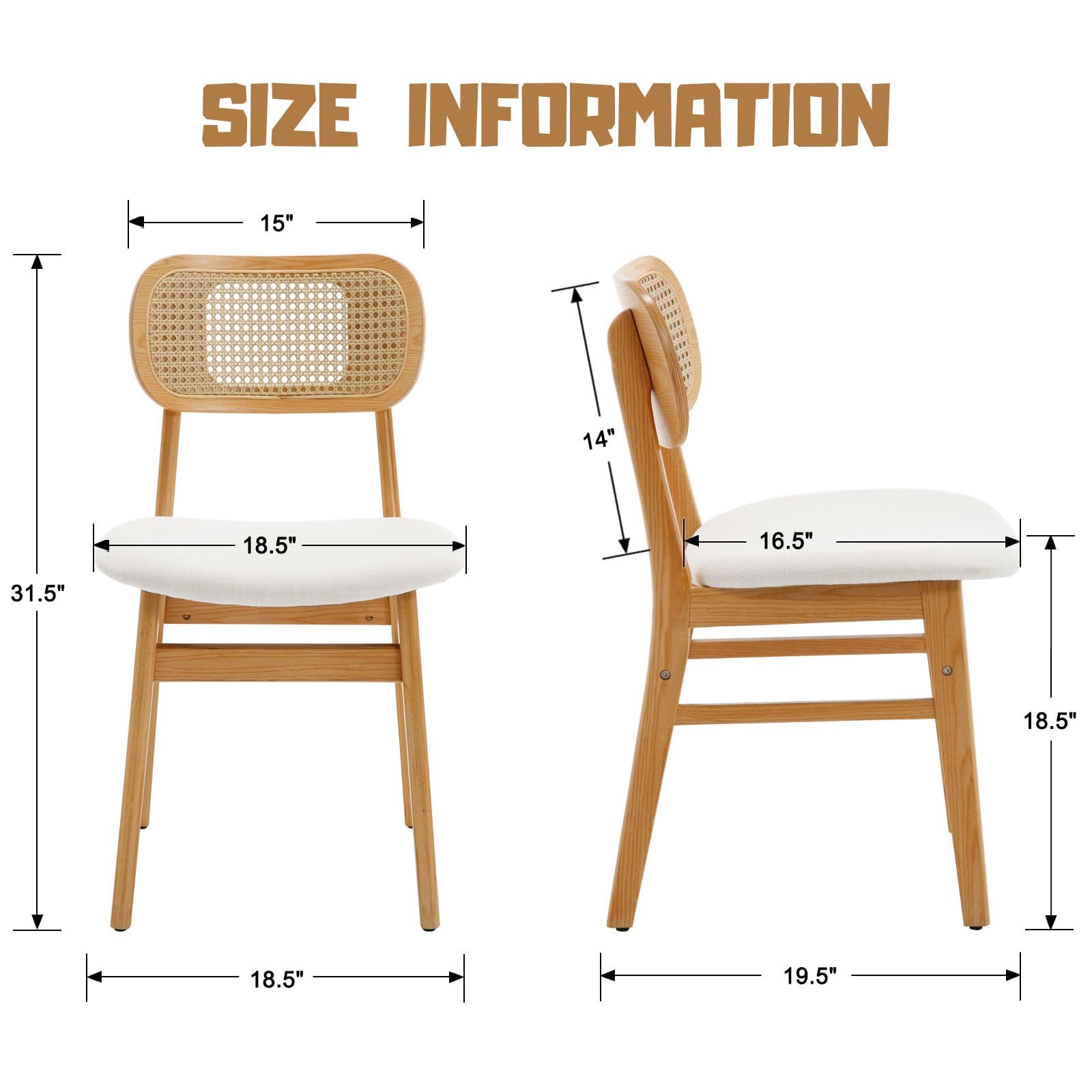 2 Pack Rattan Dining Chairs - Beige Linen Upholstered Farmhouse Kitchen Chairs with Natural Wood Frame | Boho Style Side Chairs for Dining Room, Breakfast Nook & Outdoor Patio