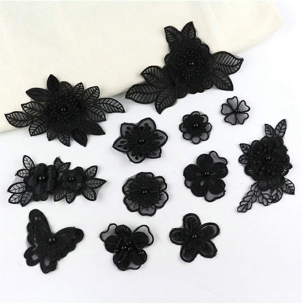 White Organza Nail Bead Embroidery Thread & Small Flower Cloth Stickers - DIY Clothes Patch Decorative Accessories for Dresses, Bags, Hats (Black) | Perfect for Fashion Design, Costume Embellishment & Craft Projects