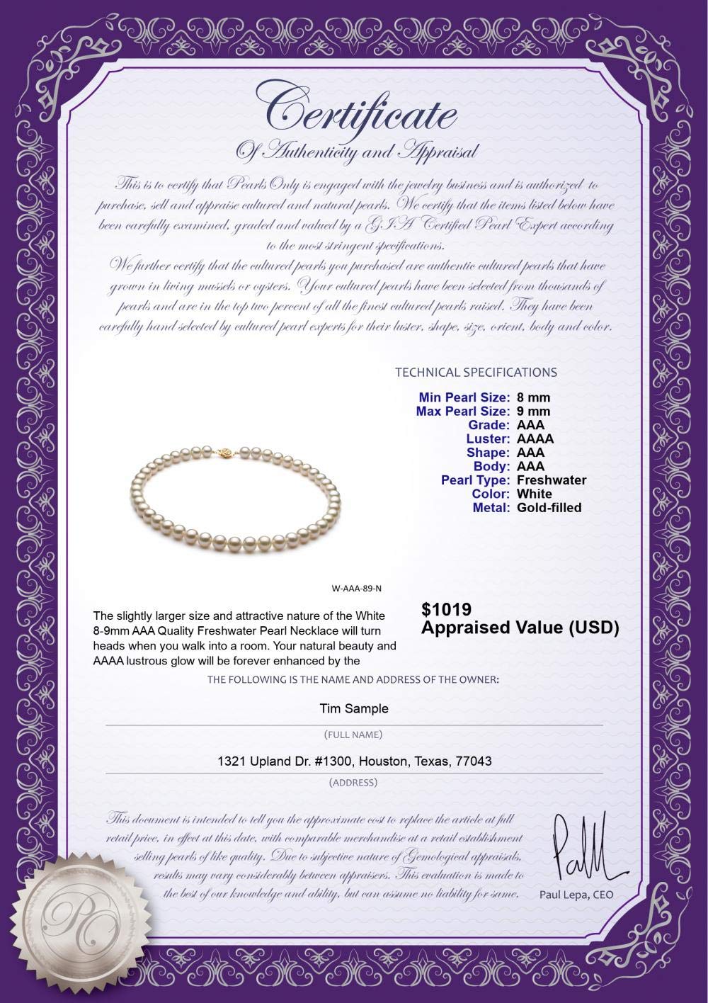 AAA Quality 8-9mm White Freshwater Cultured Pearl Necklace for Women - Elegant Jewelry Gift for Brides, Anniversaries & Special Occasions