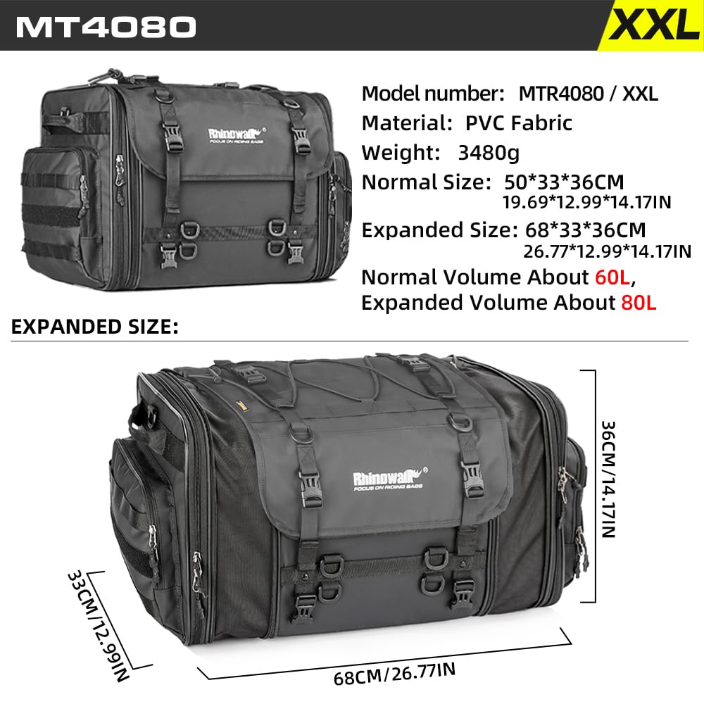 Rhinowalk 80L Expandable Motorcycle Tail Bag - Waterproof Saddle Bag with Straps for Travel & Commuting