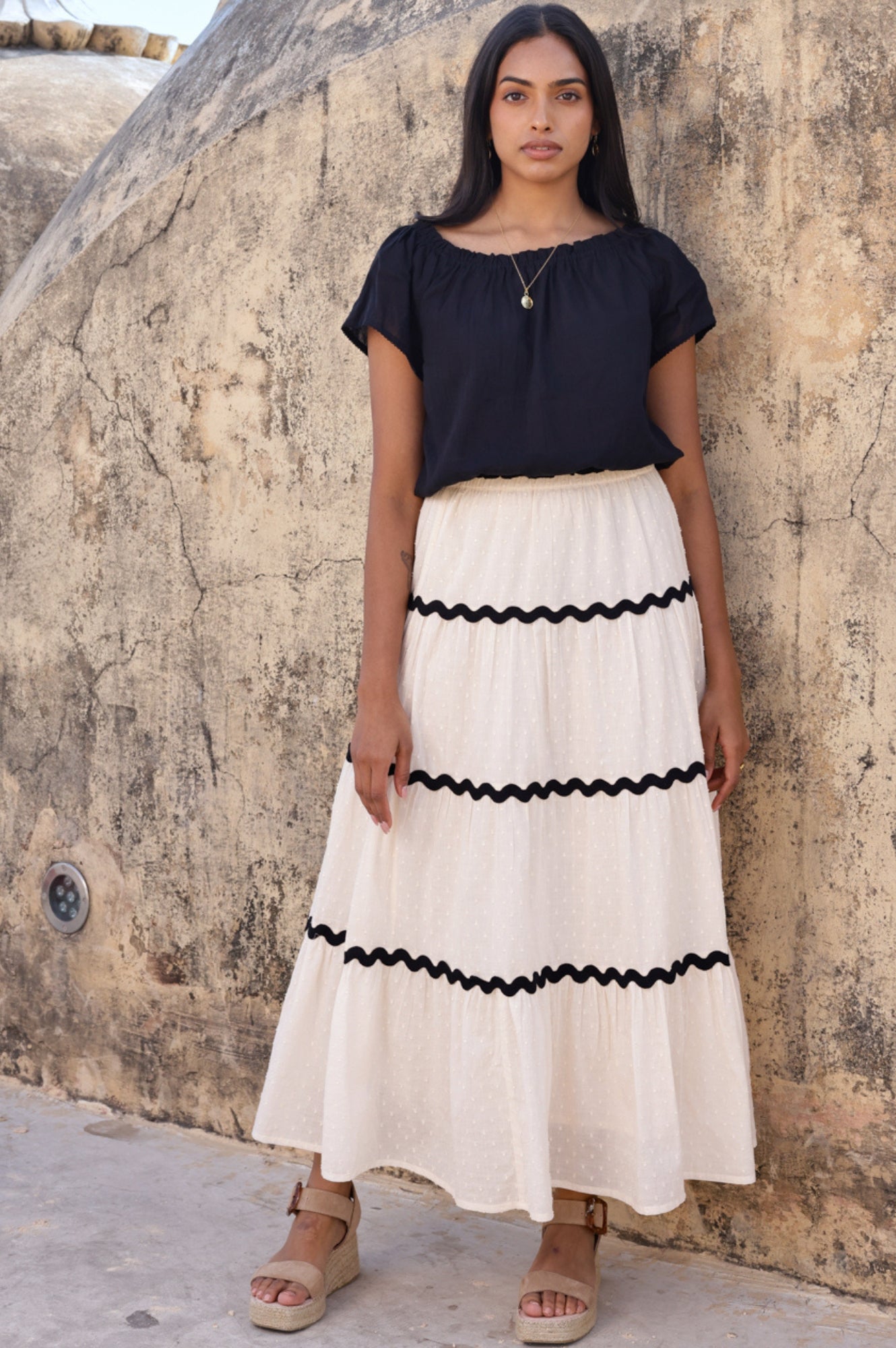 Organic Cotton Dobby Ric Rac Skirt - Vintage Cream & Black | Boho Summer Dress, Beach Outfit, Casual Chic Fashion