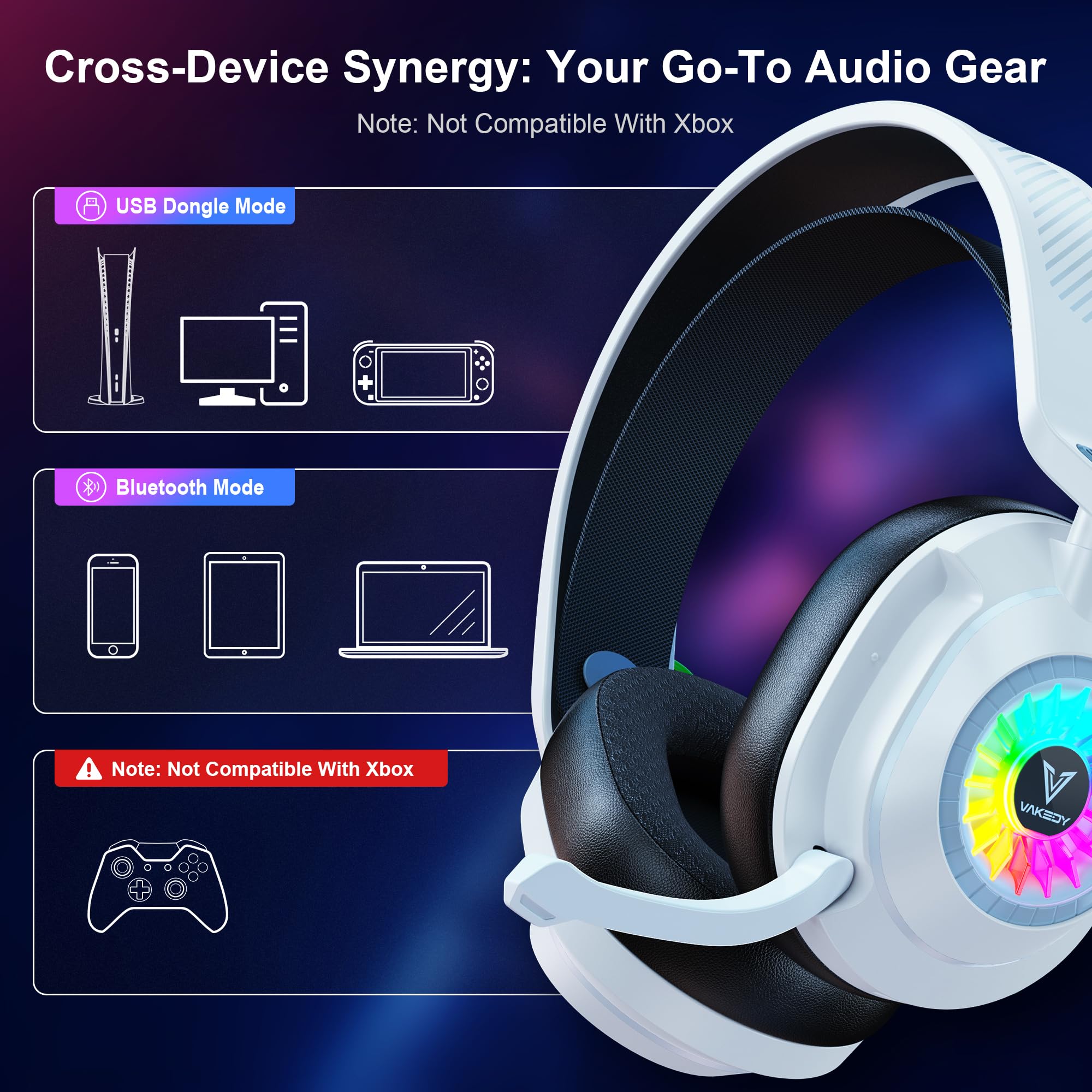 HW10 Wireless Gaming Headset for PS5, PS4, PC - 2.4GHz Bluetooth Headphones with Noise Cancelling Mic, 50Hr Battery Life - Compatible with Switch, Laptop, Mobile & Mac - Cool RGB Lighting (White) - Perfect for Competitive Gaming, Streaming & Online Chat