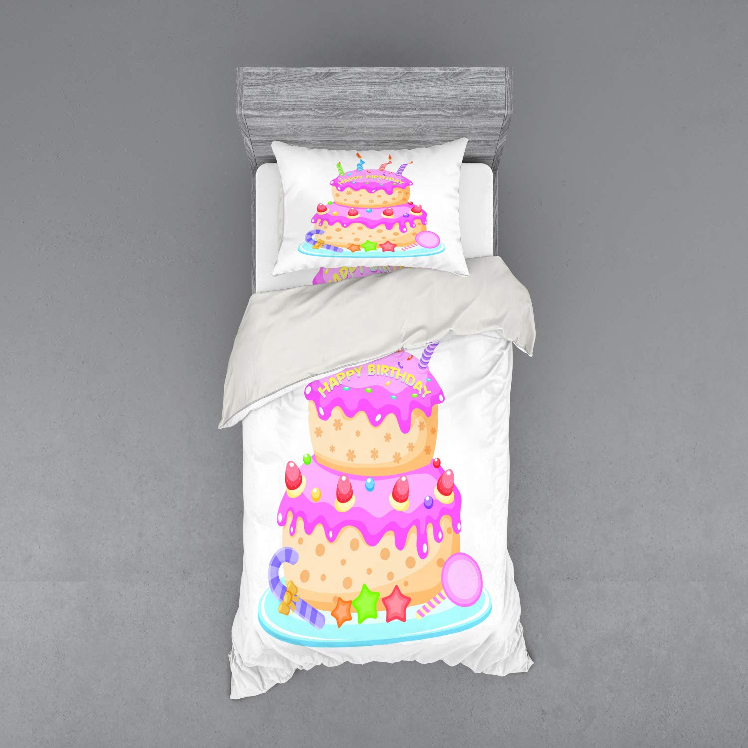 Ambesonne Pastel Birthday Cake Duvet Cover Set - 3 Piece Twin Size Bedding with Sham & Fitted Sheet - Cute Candles & Candies Design in Pale Pink - Perfect for Kids' Birthday Parties & Bedroom Decor