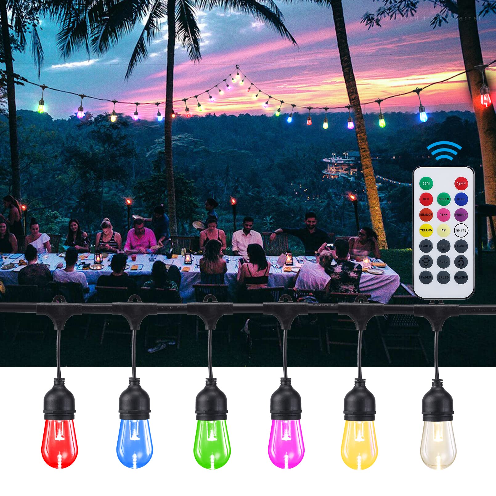 TORCHSTAR 50FT LED String Lights Outdoor Waterproof RGB Color Changing, 15+2 Shatterproof S14 Dimmable Bulbs - IP65 Rated for Patio, Garden, Backyard, Bistro & Party Decor | Perfect for Weddings, Christmas, Halloween & Outdoor Events
