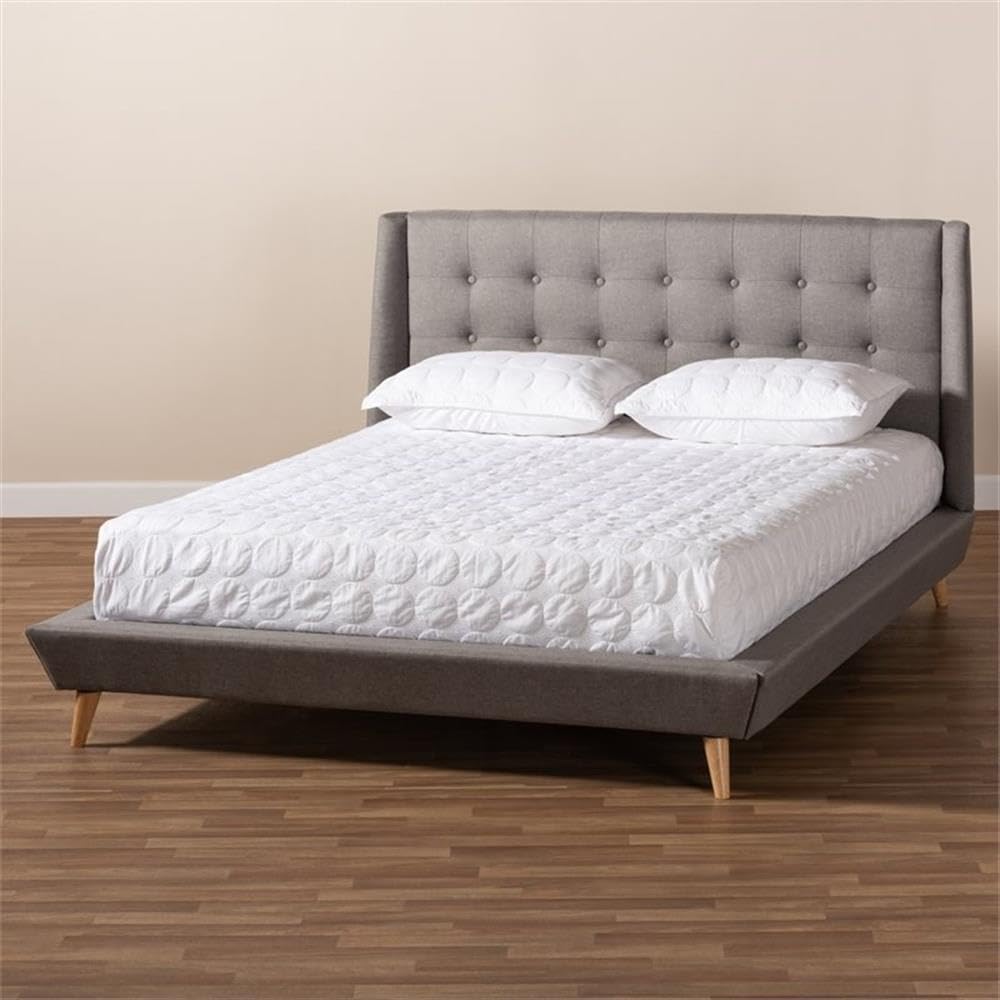 BOWERY HILL King Size Grey Upholstered Wingback Platform Bed Frame with Solid Wood Slats - Elegant Modern Bedroom Furniture for Master Suite or Guest Room