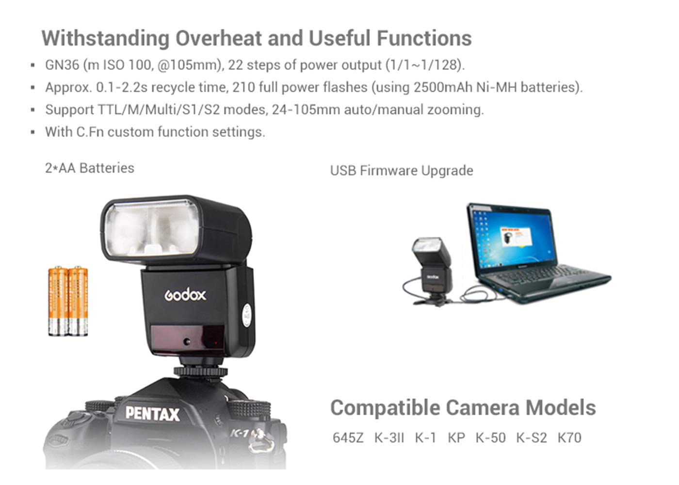 Godox TT350P 2.4G Wireless GN36 HSS 1/8000s TTL Speedlite Flash for Pentax 645Z, K-3II, K-1, KP, K-50, K-S2, K70 DSLR Cameras - Perfect for Wedding, Portrait & Outdoor Photography