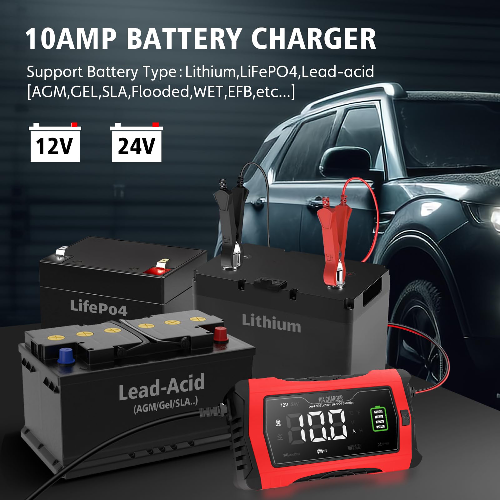 10-Amp 12V/24V Smart Car Battery Charger & Maintainer - Trickle Charger for Automotive, SUV, Motorcycle, Boat - Compatible with Lead-Acid, Lithium & LiFePO4 Batteries - Perfect for Winter Storage & Long-Term Vehicle Maintenance