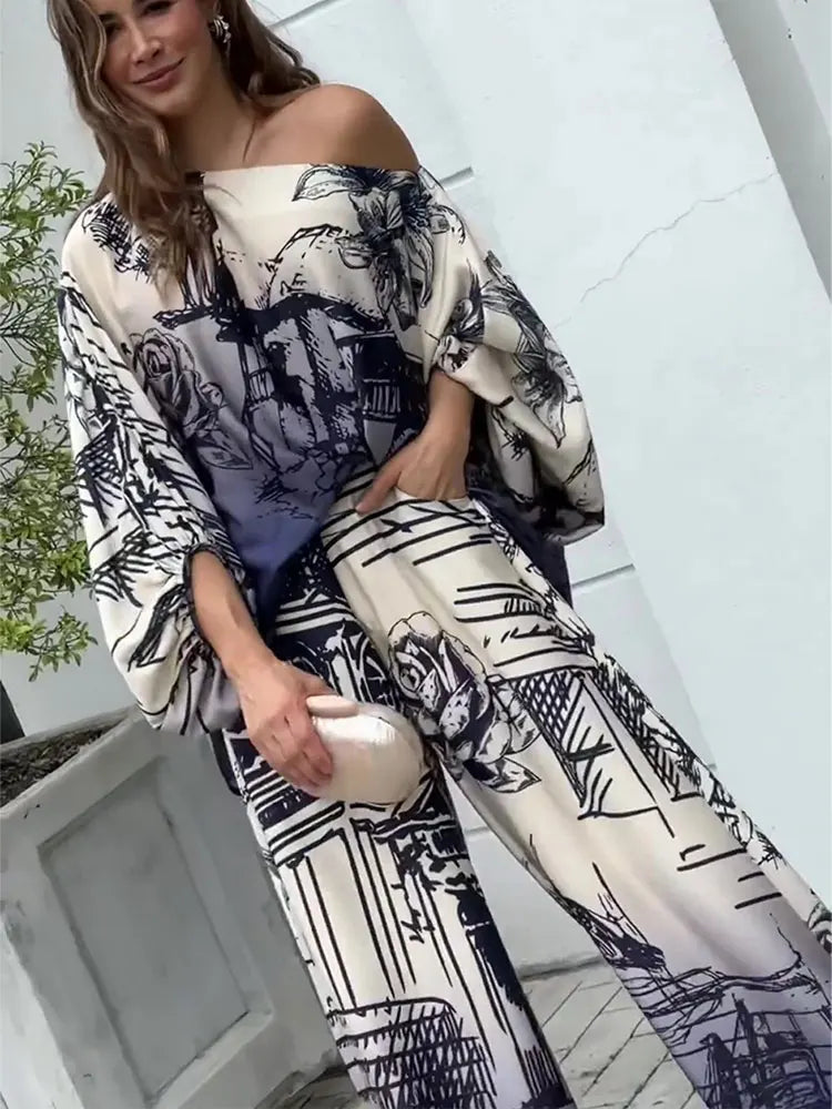 Elegant Satin Blue Print Pantsuit for Women - 2 Piece Set with Lantern Sleeve Shirt & Wide Leg Pants | Loose Casual Streetwear Outfit | Perfect for Office, Party & Fashion Events