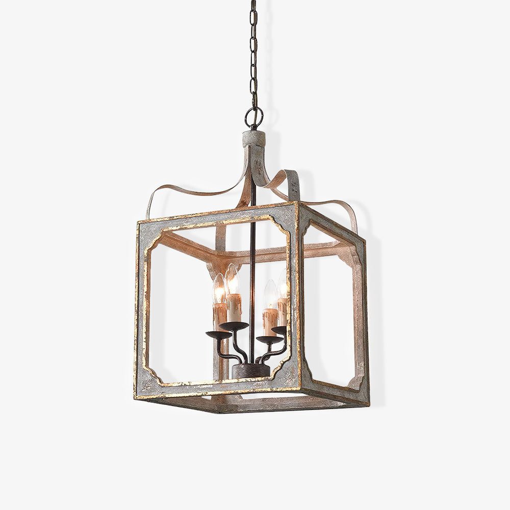 Boho Rustic Cube Chandelier - Modern Farmhouse Pendant Light with Wooden Beads & Metal Frame for Dining Room, Bedroom or Living Room Decor