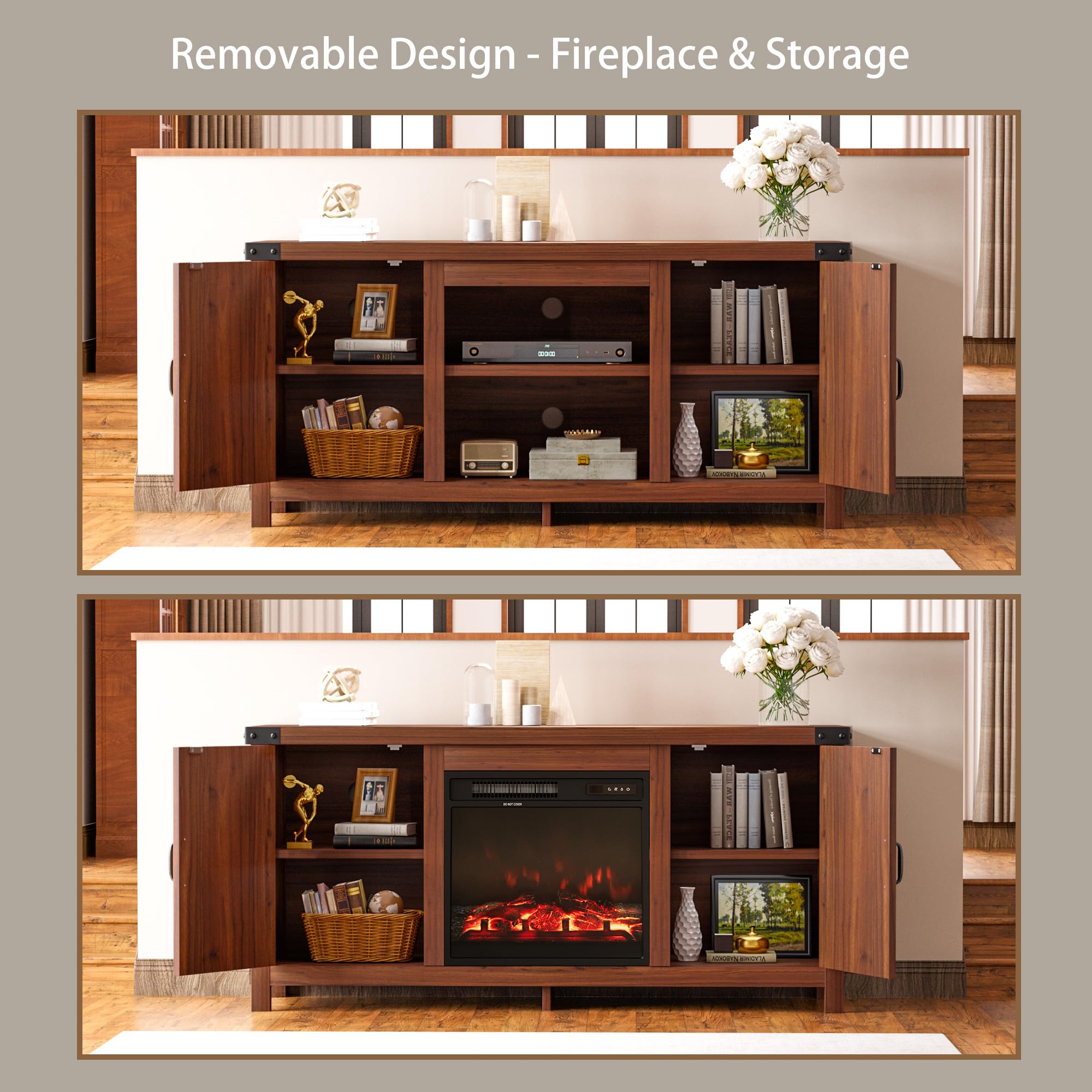JUMMICO 65+ Inch Fireplace TV Stand with Double Barn Doors - Farmhouse Entertainment Center with Electric Fireplace & Storage Shelves - Rustic Walnut Finish for Living Room, Bedroom & Home Theater