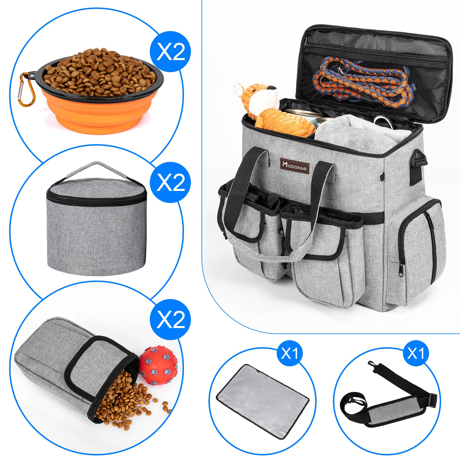 TSA Approved Dog Travel Bag with 2 Treat Pouches & Collapsible Bowls - Pet Carrier Tote Organizer for Airplane, Car & Weekend Trips - Includes 2 Food Containers (Grey) - Perfect for Pet Travel Accessories & On-the-Go Feeding