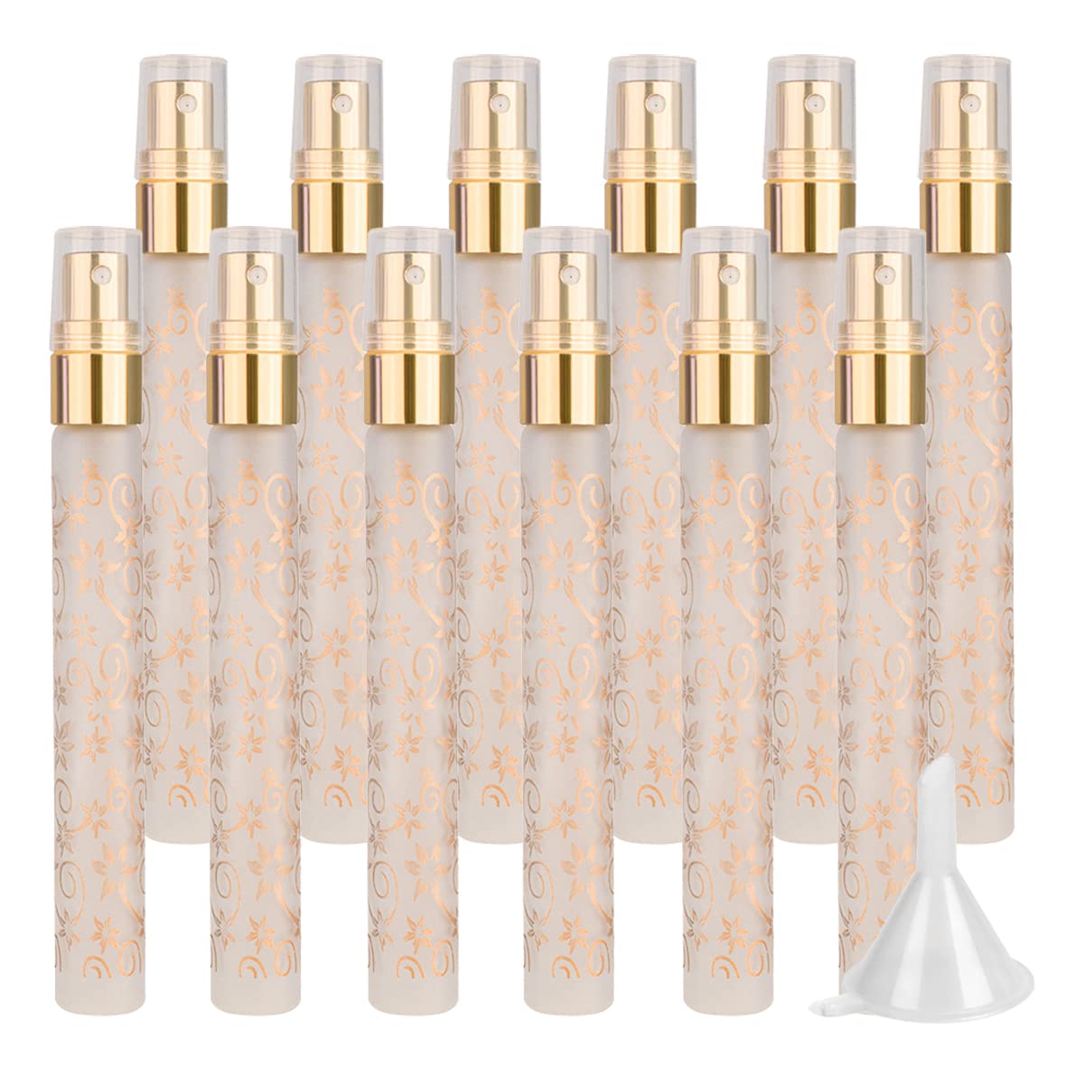 LusDoly 24-Pack 10ml Gold Glass Fine Mist Spray Bottles with Sprayer - Refillable Perfume Atomizer, Essential Oil Dispenser, Cosmetic & Cleaning Liquid Bottles - Perfect for Travel, DIY Beauty, Home & Salon Use