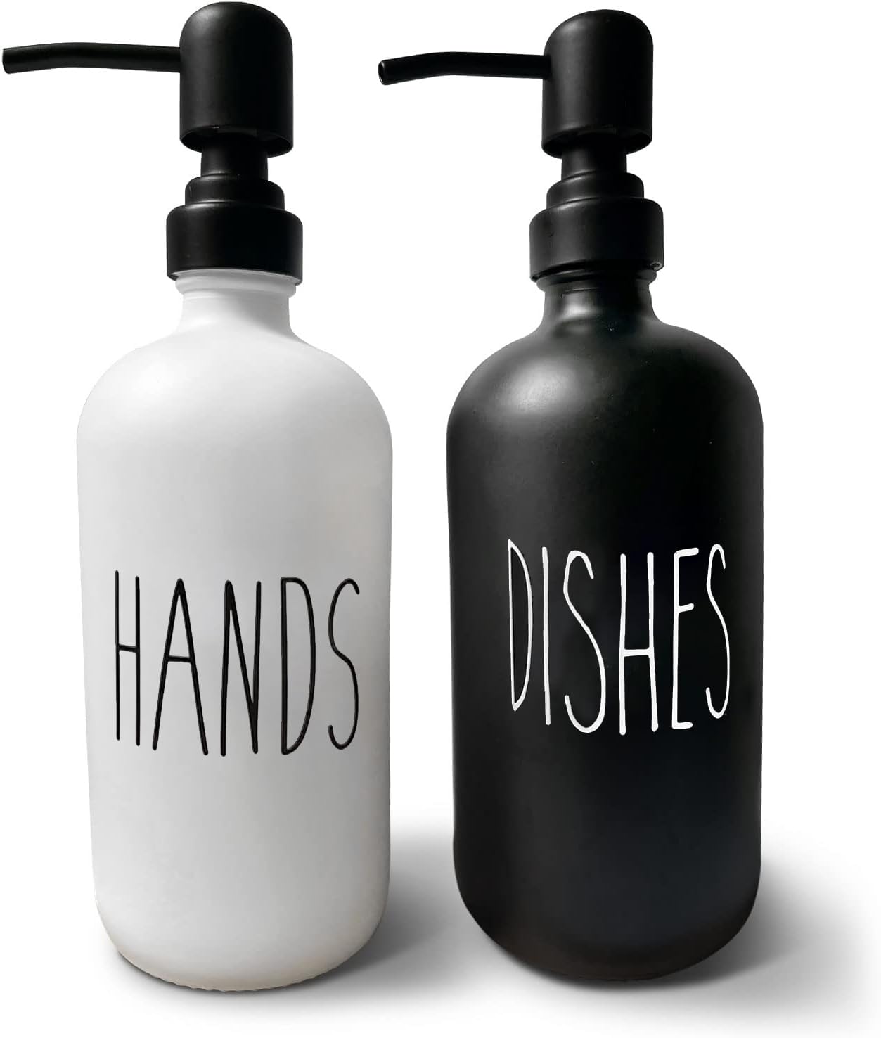 16OZ Glass Soap Dispenser 2 Pack - Stainless Steel Pump for Hand Soap & Dish Soap - Modern Kitchen & Bathroom Accessories (Black & White) - Perfect for Countertop, Sink, and Vanity Organization