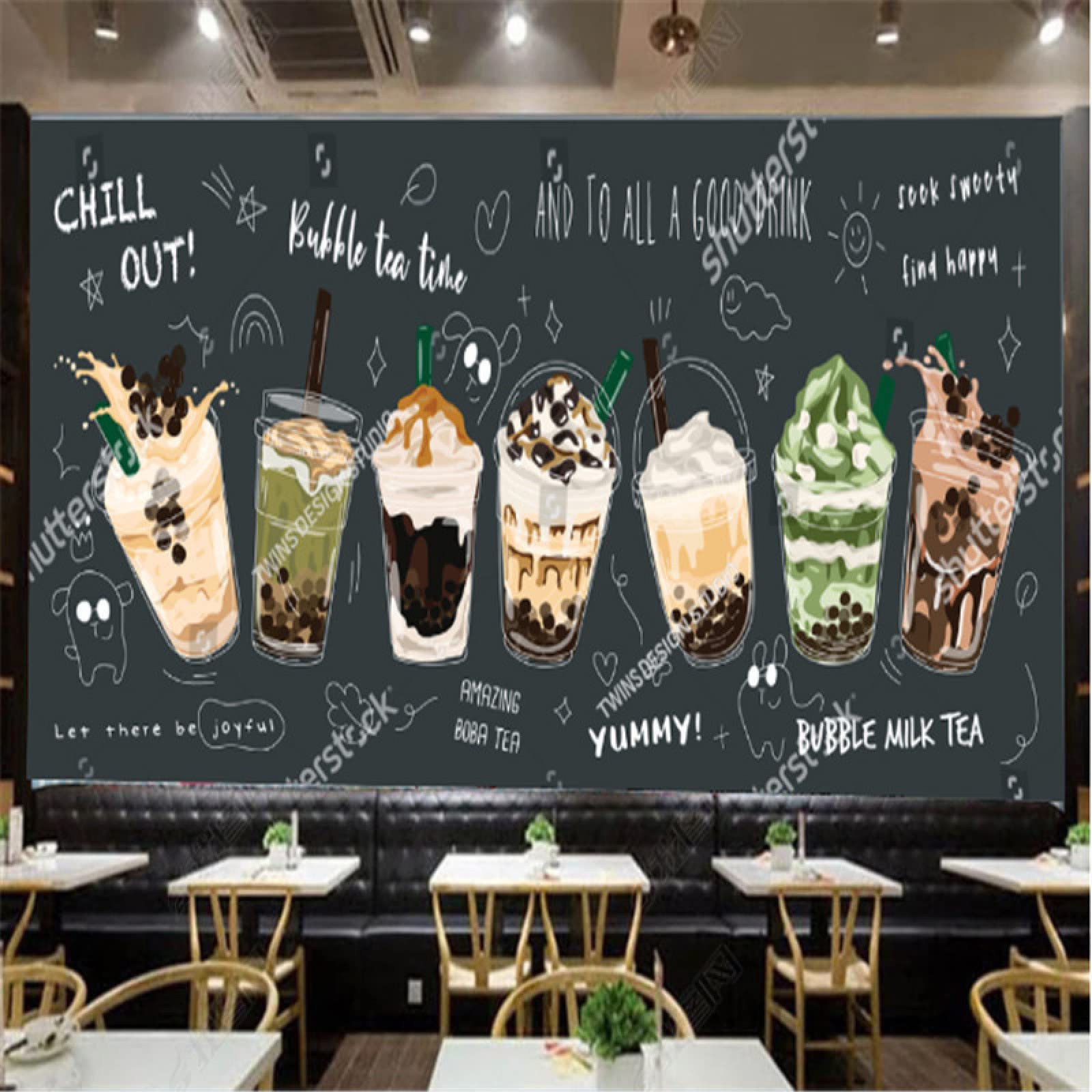 3D Abstract Milk Tea Dessert Ice Cream Bubble Tea Shop Wallpaper - Nordic Modern Hand-Painted Mural for Industrial Decor (169.3