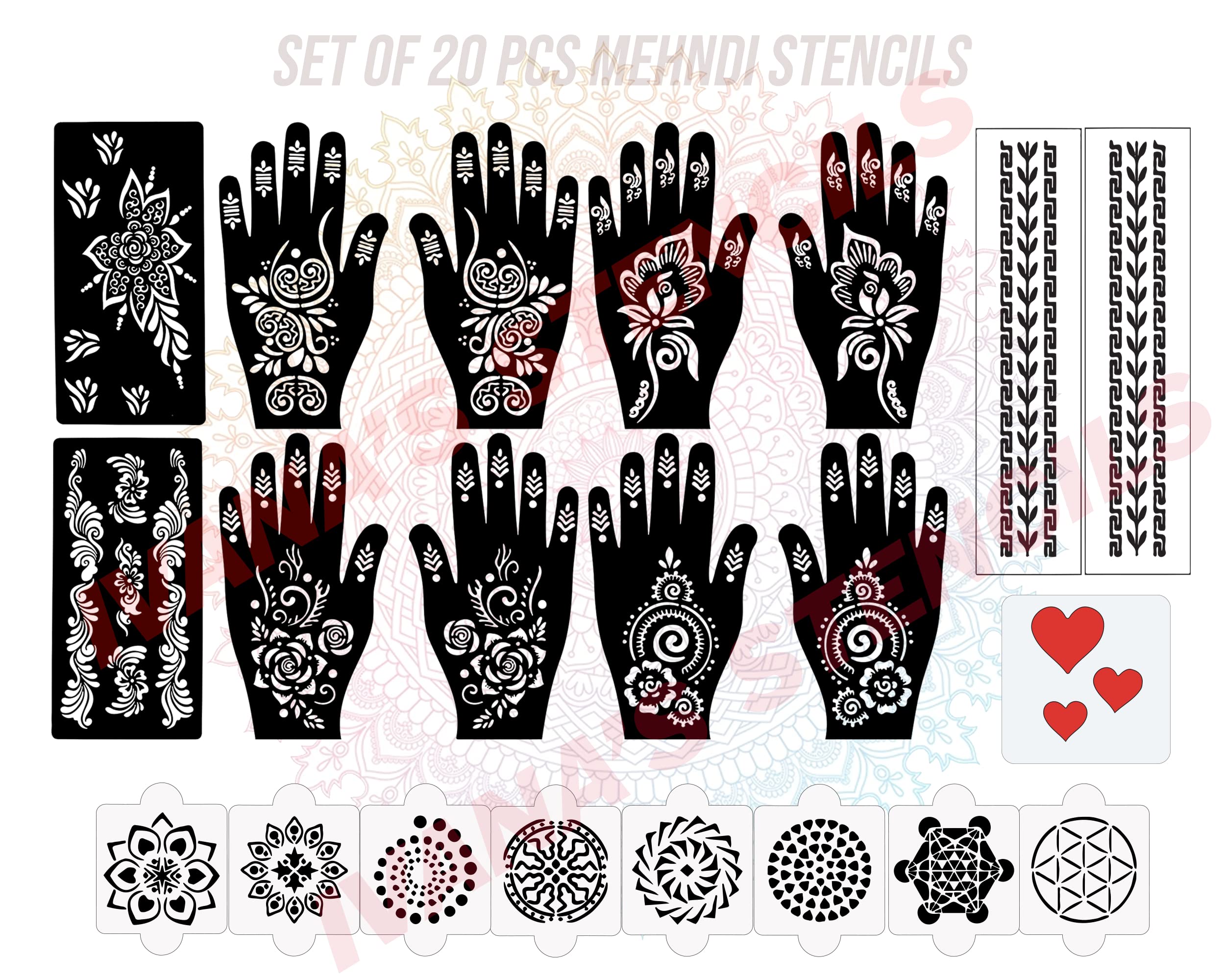 20Pcs Reusable Henna Stencil Kit - Latest Mehandi Designs for Girls, Women, Kids & Teens | Perfect for Parties, Weddings & Festive Body Art (D-2020)
