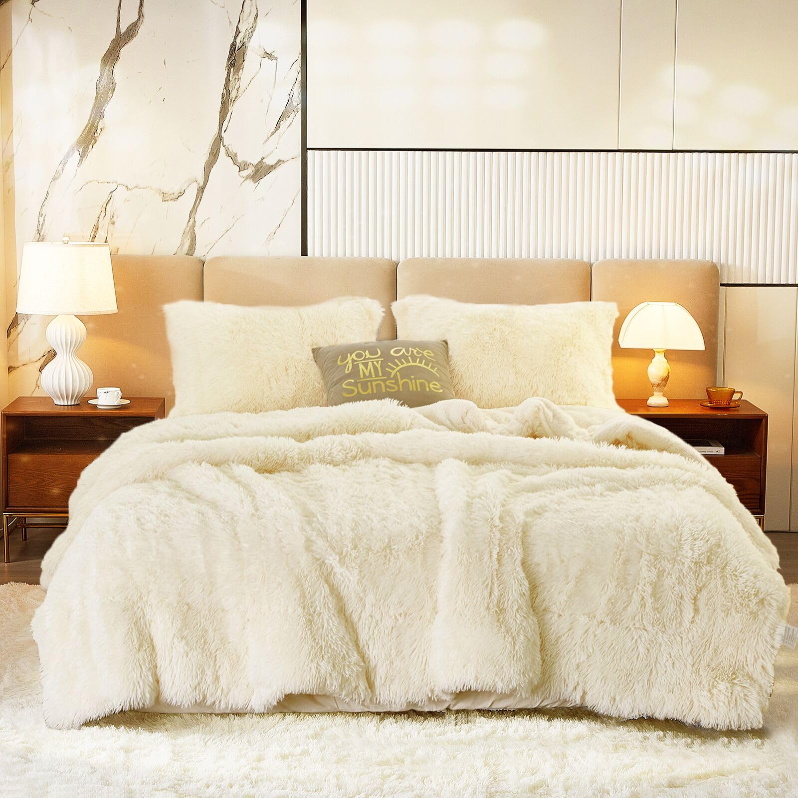 Luxury Faux Fur Shaggy Comforter Set Full/Queen Size - Ultra Soft & Warm Reversible Plush Sherpa Bedding (Beige, 3-Piece: 1 Comforter + 2 Pillow Shams) - Cozy Winter Bedroom Upgrade for Master Bedroom, Guest Room & Dorm