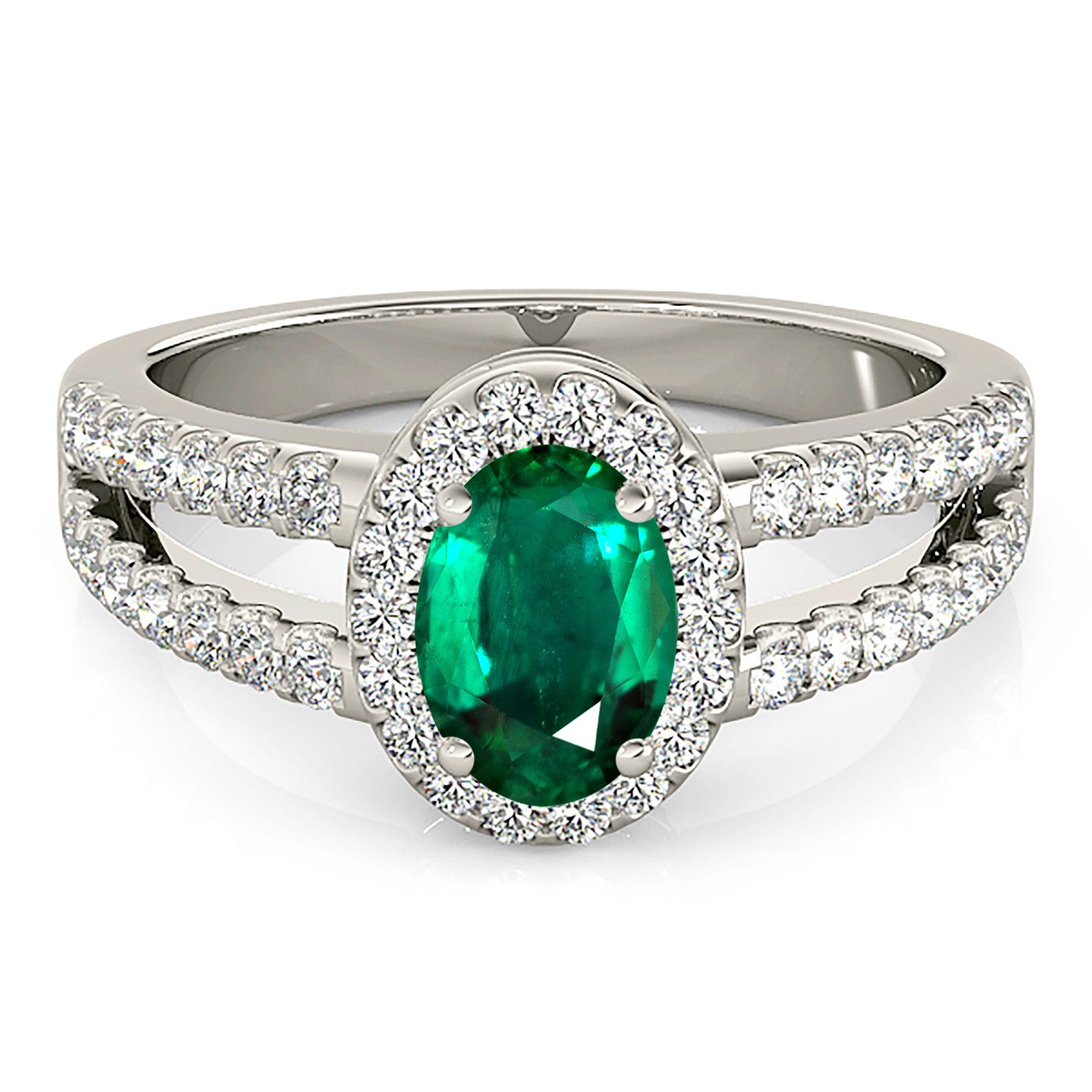 2.00 Carat Genuine Oval Emerald Ring with Halo & Diamond Split Shank - Elegant Engagement, Wedding, Anniversary Gift for Women