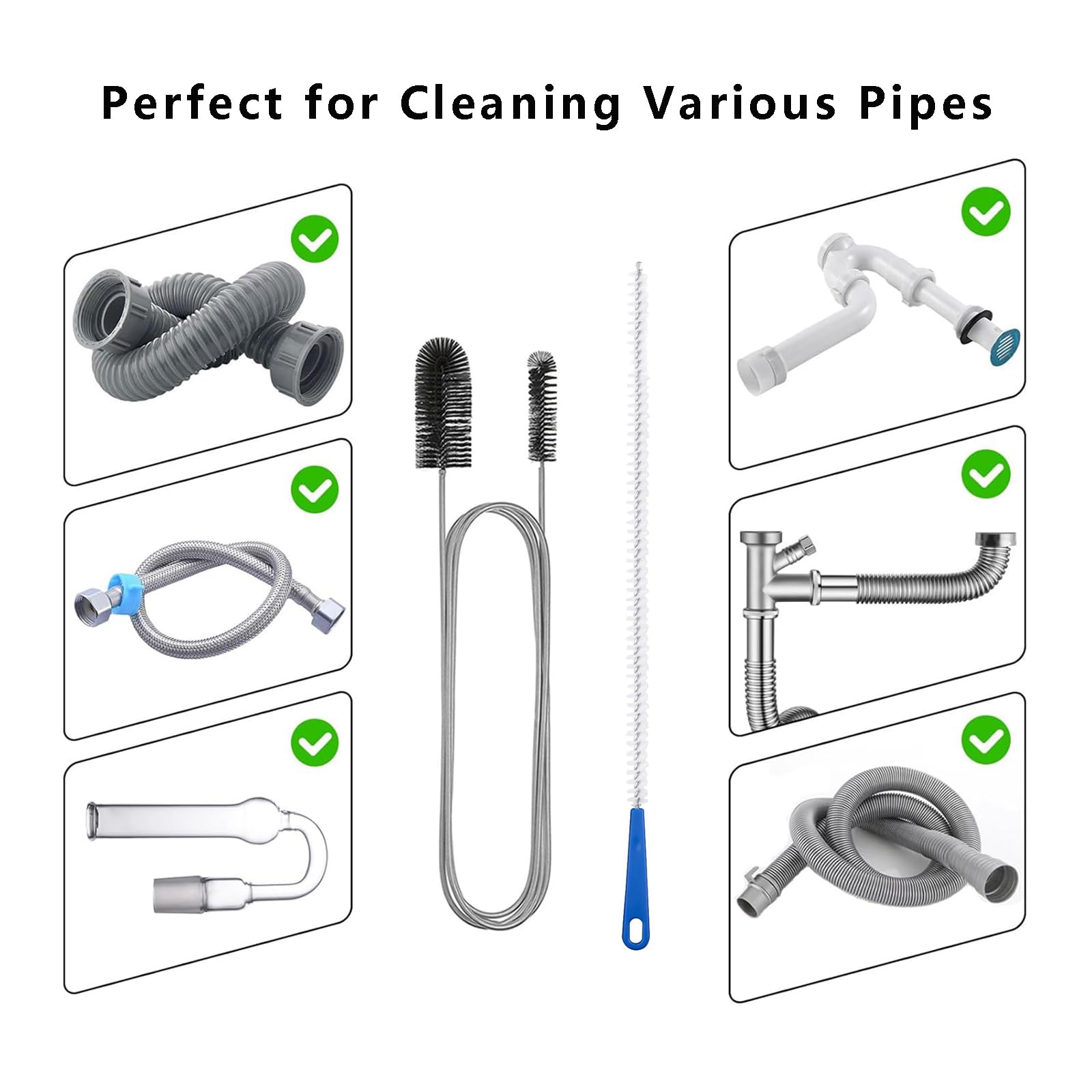 Adove Flexible Extra Long 61-Inch Drain Brush & 17.7-Inch Sink Unblocker - Dual-Ended Nylon Pipe Cleaner for Curved Pipes, Narrow Holes - Perfect for Kitchen Sink, Shower Drain, and Bathroom Pipe Cleaning