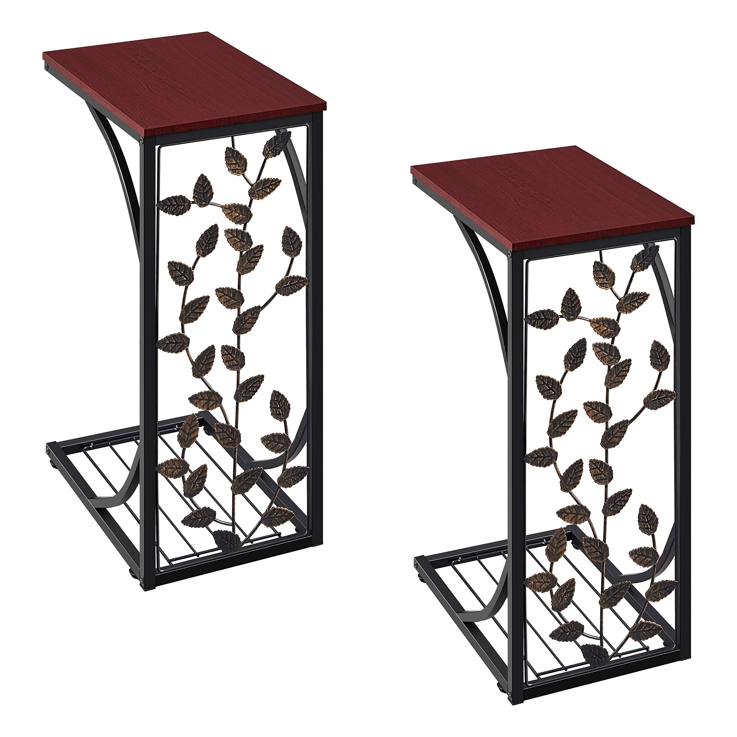 Yaheetech 2-Pack Industrial C-Shaped End Tables for Living Room - Rustic Brown Sofa Side Tables with Metal Frame & Leaf Pattern, Easy Assembly - Perfect for Small Spaces, Under Sofa or Bedside Use