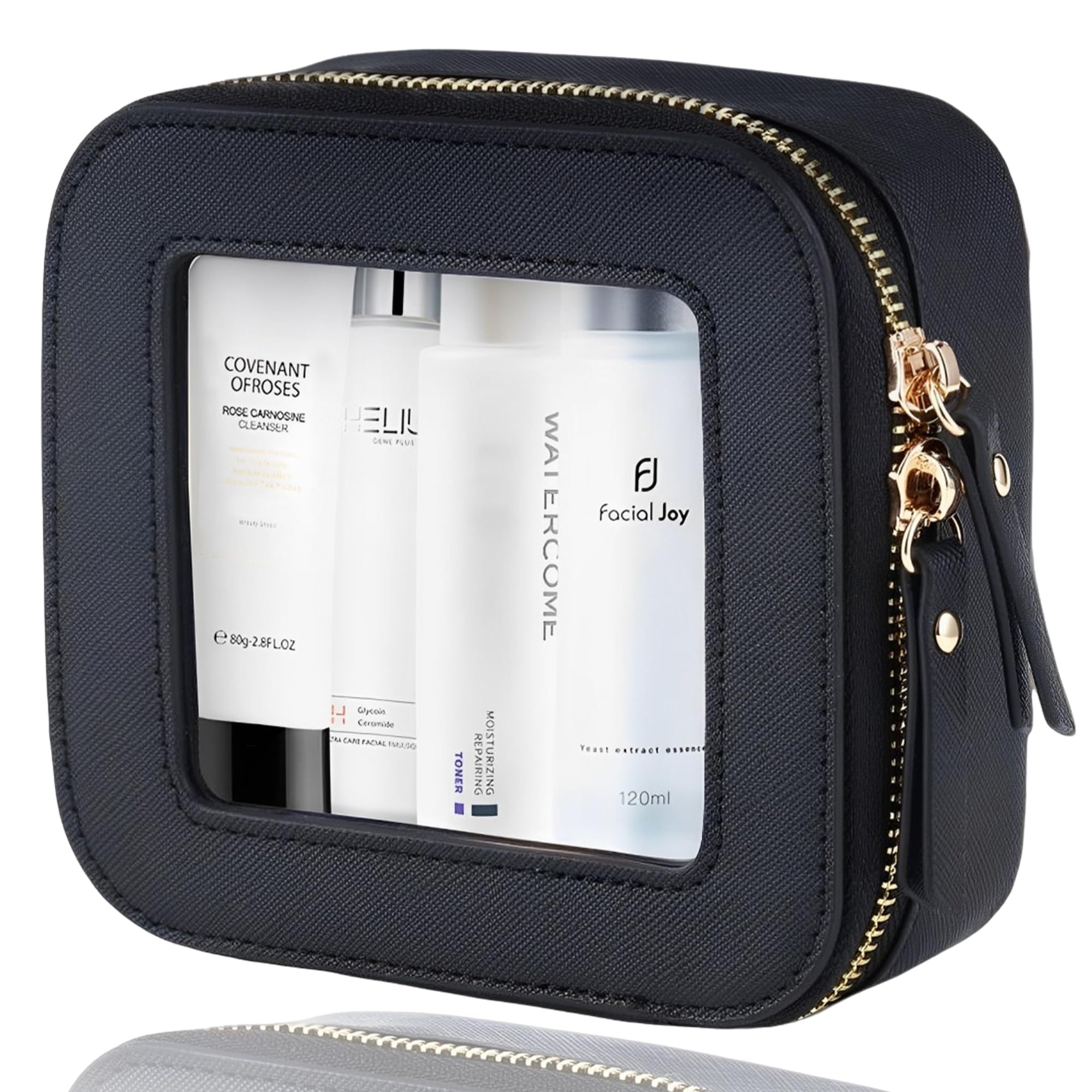 Clear Makeup Bag for Travel - Small Leather Cosmetic Pouch Organizer with Zipper, TSA Approved Waterproof Square Makeup Case for School, Carry-On Essentials (Mini-Black) | Perfect for Airports, Gym & Daily Use