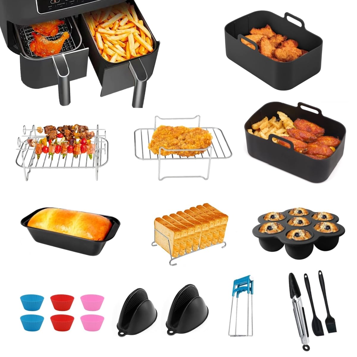 12-Piece Air Fryer Accessories Set Compatible with Ninja, Tower, Instant Vortex & Salter 7.6L-9.5L Dual Air Fryers - Includes Silicone Liners, Racks, Gloves, Bread Pan & Tools - Perfect for Healthy Frying, Baking & Meal Prep