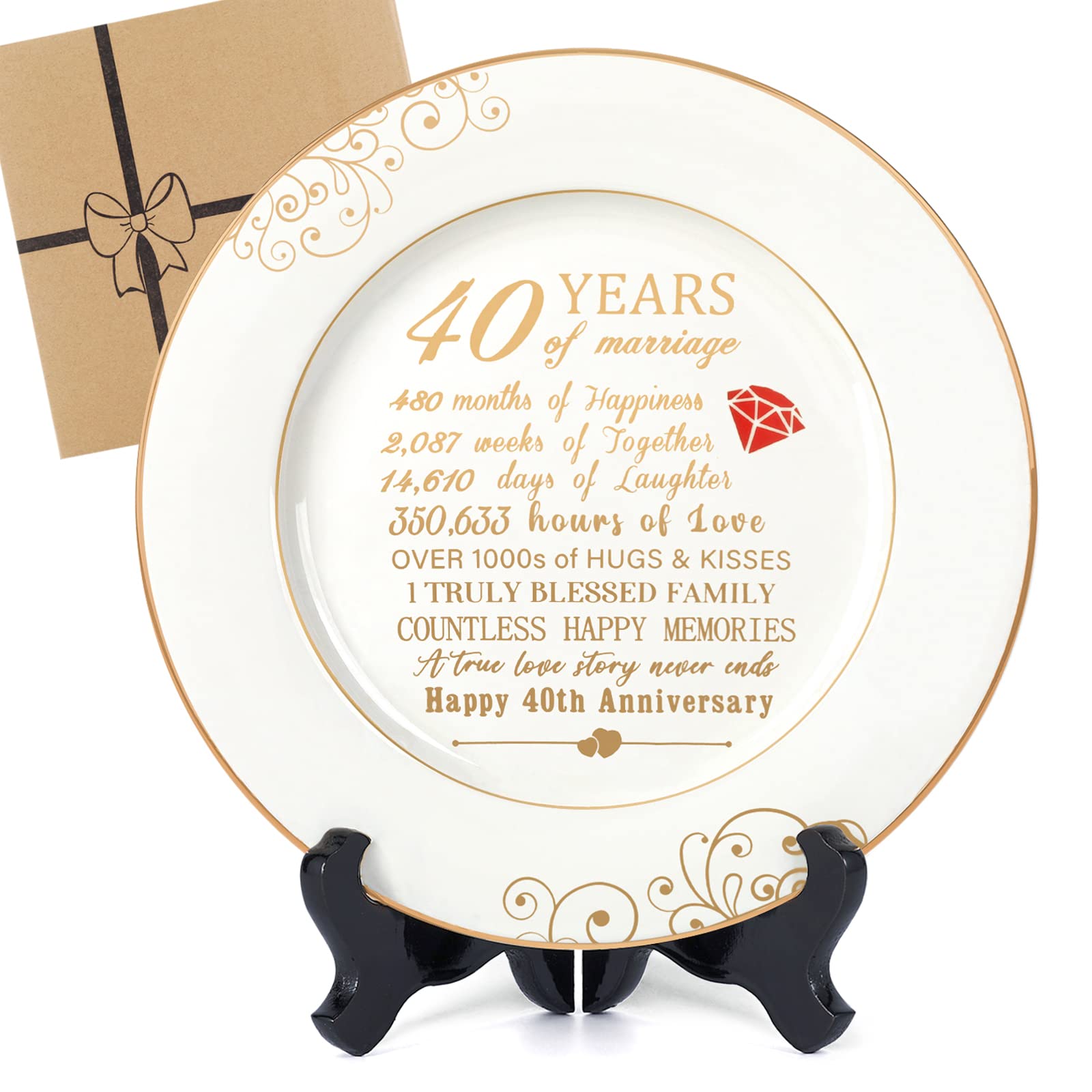 40th Anniversary Wedding Gift for Wife - 24K Gold Foil Ceramic Plate (9 Inch) | Romantic 40 Year Anniversary Keepsake for Couples, Parents, Him & Her | Perfect for Dining Room Decor & Special Occasion Celebrations