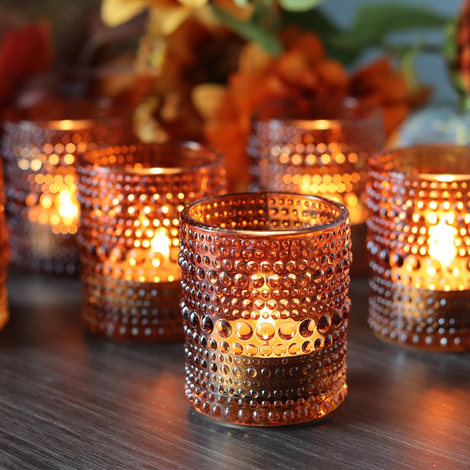 36 PCS Amber Glass Hobnail Votive Candle Holders - Tealight Candle Holders for Fall Decor, Halloween, Weddings, Birthday Table Centerpieces - Perfect for Romantic Dinners, Spa Nights & Holiday Decorations