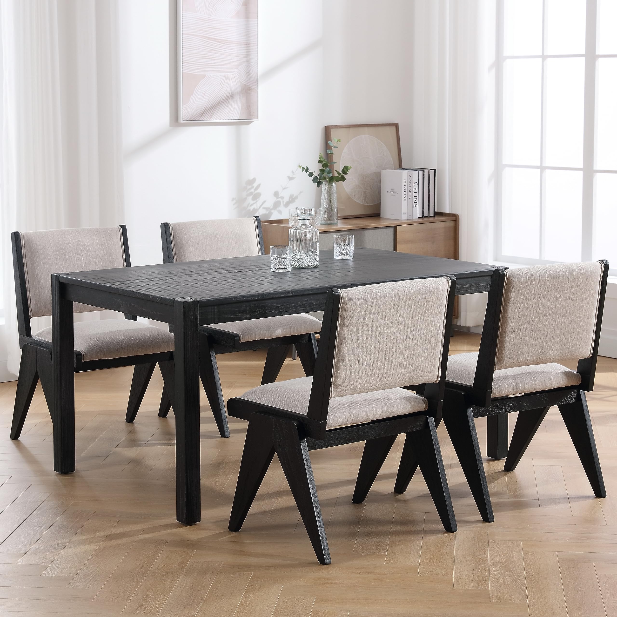 Mid Century Modern Dining Chairs Set of 2 - Beige Linen Upholstered Kitchen Chairs with Black Wood Legs, Farmhouse Style Square Backrest Armless Side Chairs for Dining Room, Kitchen Island & Breakfast Nook