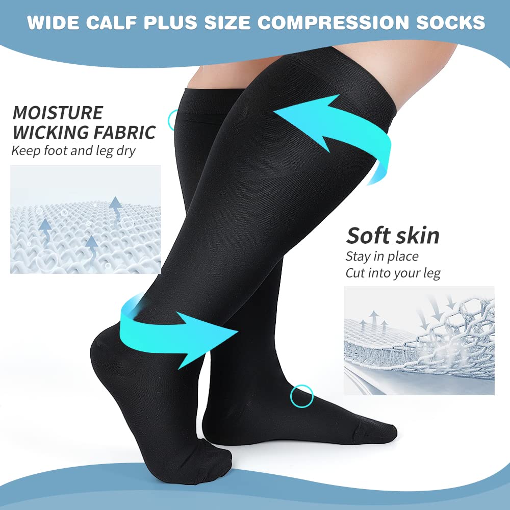 AKSO MEDICOS 20-30 mmHg Compression Socks for Women & Men - Plus Size Wide Calf Knee High Support Stockings for Varicose Veins, Swelling, Edema & Circulation - Black 7XL - Ideal for Travel, Nursing & Long Hours Standing