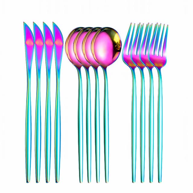 Premium 18/10 Stainless Steel Flatware Set - 12 Piece Rainbow Silverware Cutlery Set with Spoons, Forks & Fruit Forks - Elegant Green Gold Dinnerware for Restaurants, Weddings & Home Dining