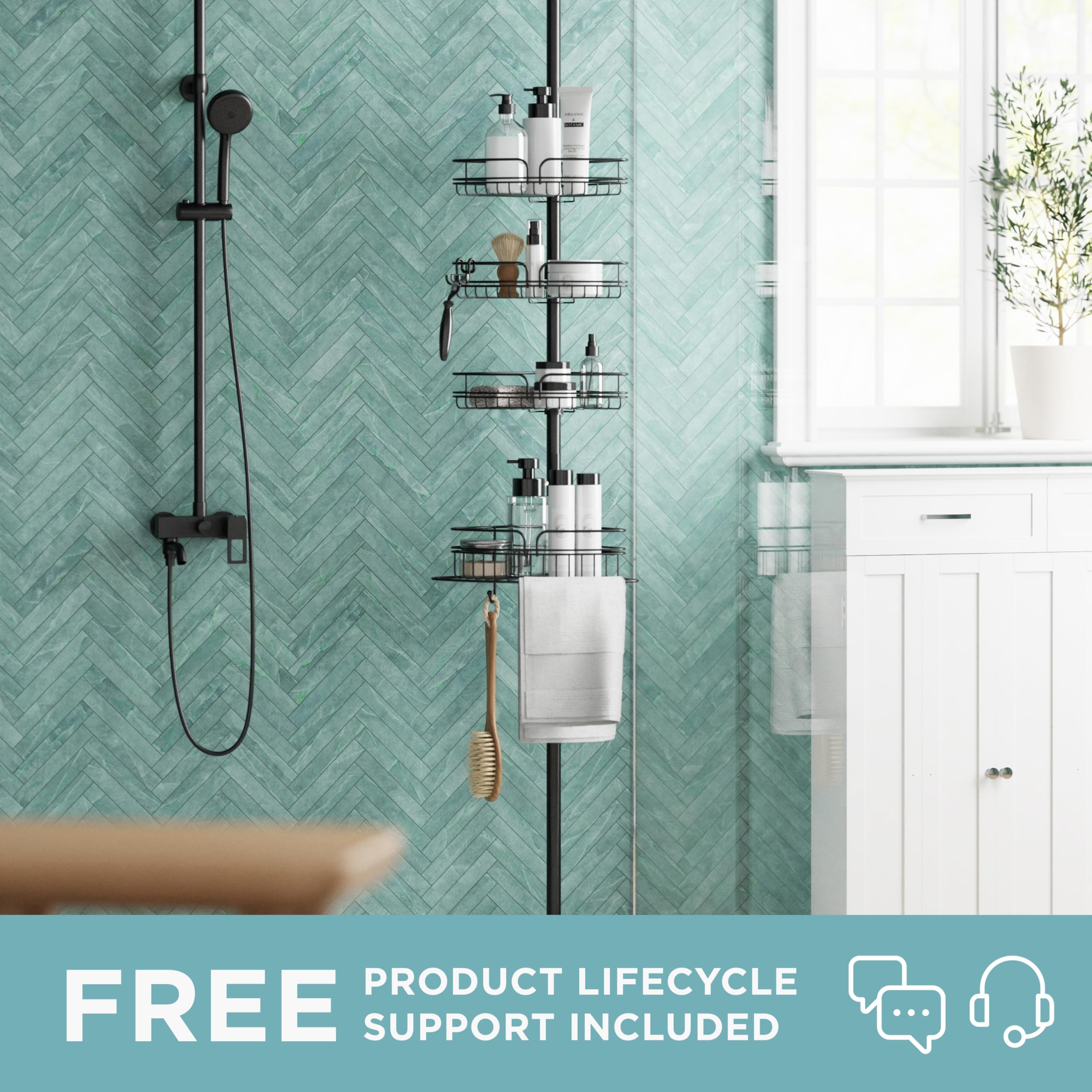 Zenna Home Adjustable Tension Pole Shower Caddy - 4-Tier Corner Shower Storage System with Built-in Towel Bar | Space-Saving Bathroom Organizer (60-97 Inches, Matte Black) | Perfect for Small Bathrooms, Apartments & Dorm Showers