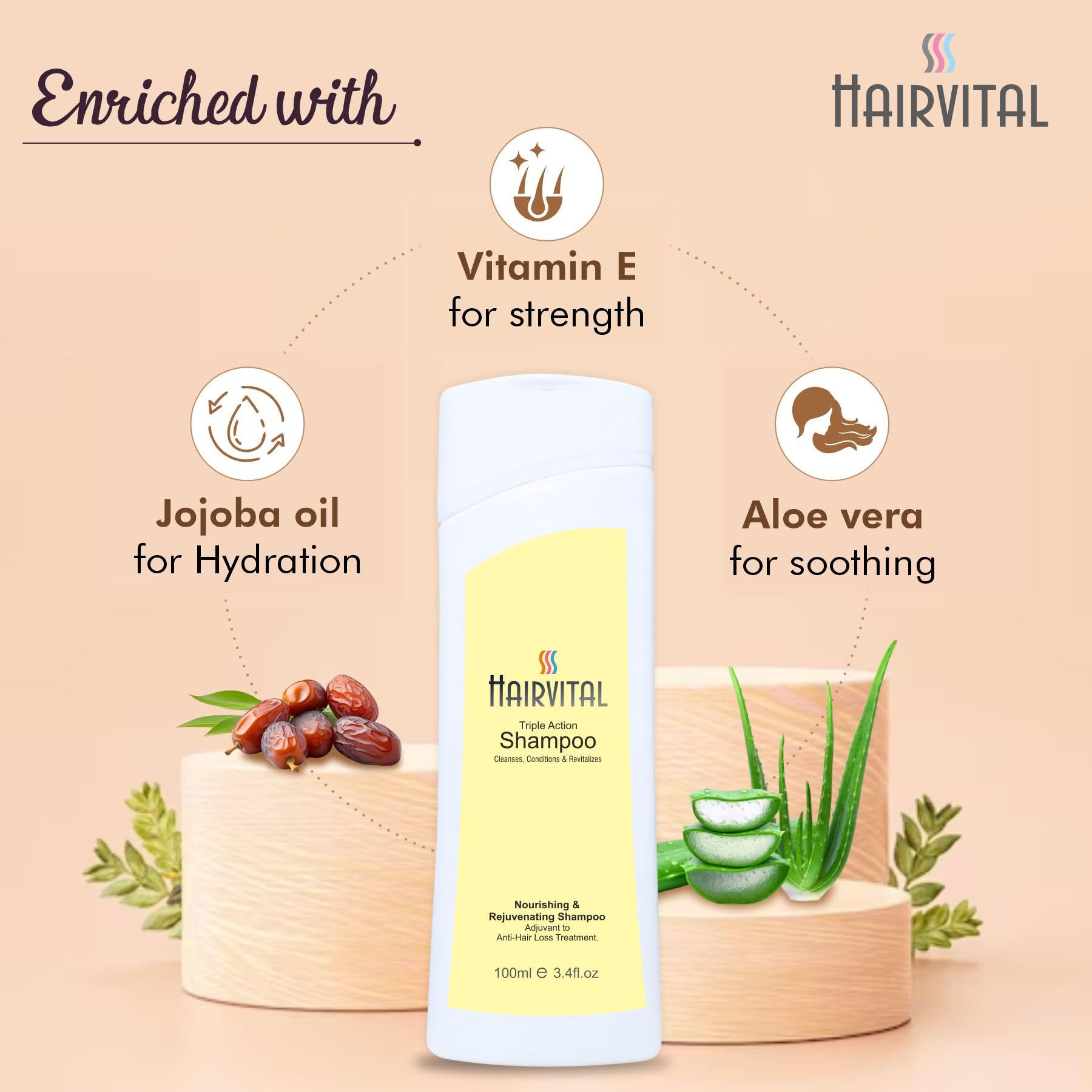 Hairvital Triple Action Shampoo - Cleanser, Conditioner & Revitalizer with Aloe Vera, Jojoba Oil & Vitamin E for Dry & Damaged Hair - 100ml (Pack of 2) | Hydrating & Repairing Daily Hair Care for Women & Men