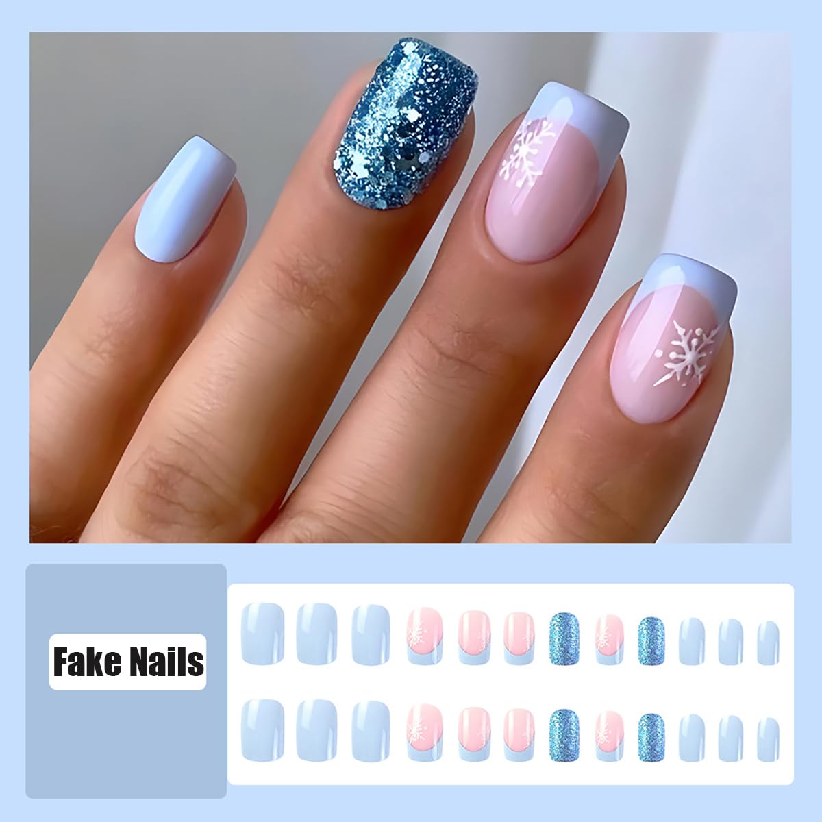 24Pcs Christmas Press on Nails - Medium Square Fake Nails with Snowflake & Blue Glitter French Tip Design, Full Cover Acrylic Glue on Artificial Nails for Women | Perfect for Holiday Parties, Gift Giving & Winter Manicures