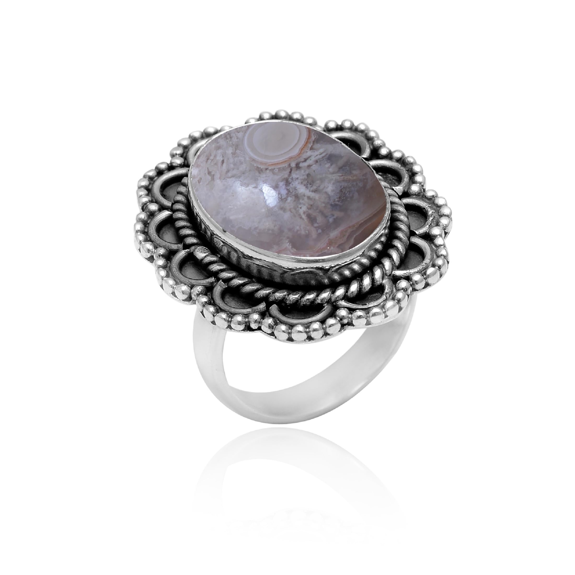 Veracity Jewelry Crazy Lace Agate Rings for Women - 925 Sterling Silver Healing Meditation Jewelry with Natural Brown White Gemstone - Elegant Gift for Wife, Mother, Sister - Perfect for Spiritual Healing, Yoga, Meditation & Everyday Wear