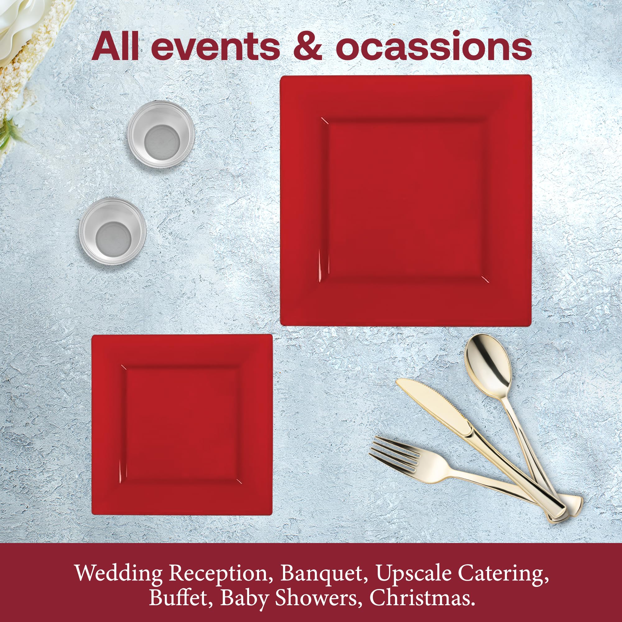 Smarty Had A Party 120-Piece Elegant Disposable Plastic Dinnerware Set - Heavy Duty Red Plastic Plates, Cups & Utensils for Weddings, Parties & Events | Durable & Stylish Tableware Solution