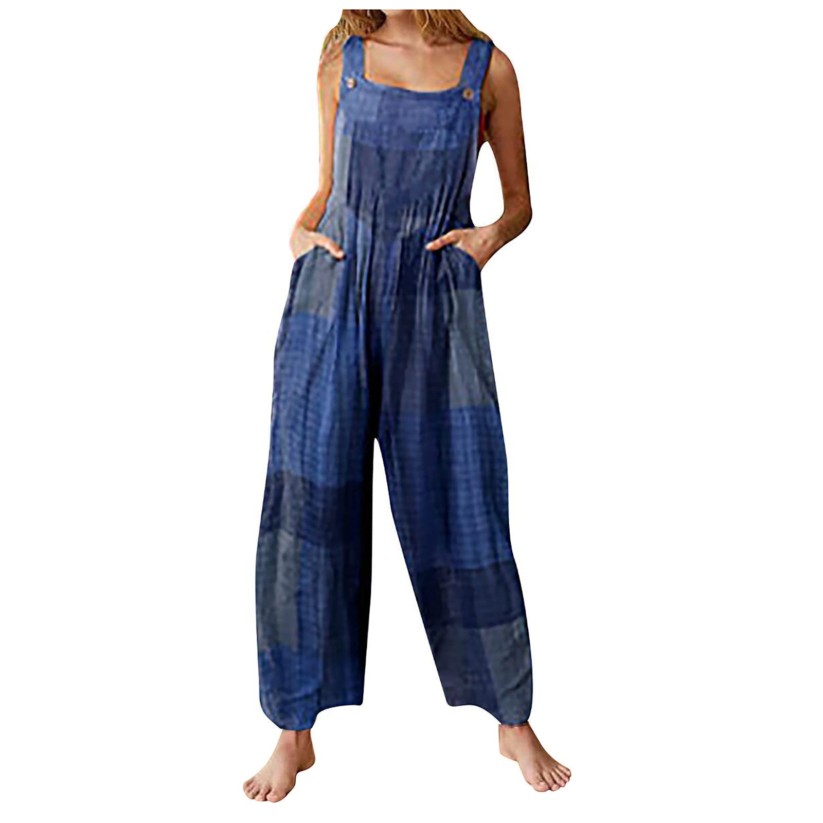 UOFOCO Women's Linen Overalls - Casual Sleeveless Suspender Jumpsuit with Wide Leg & Pockets | Loose Button Romper for Summer, Beach, Gardening & Outdoor Activities