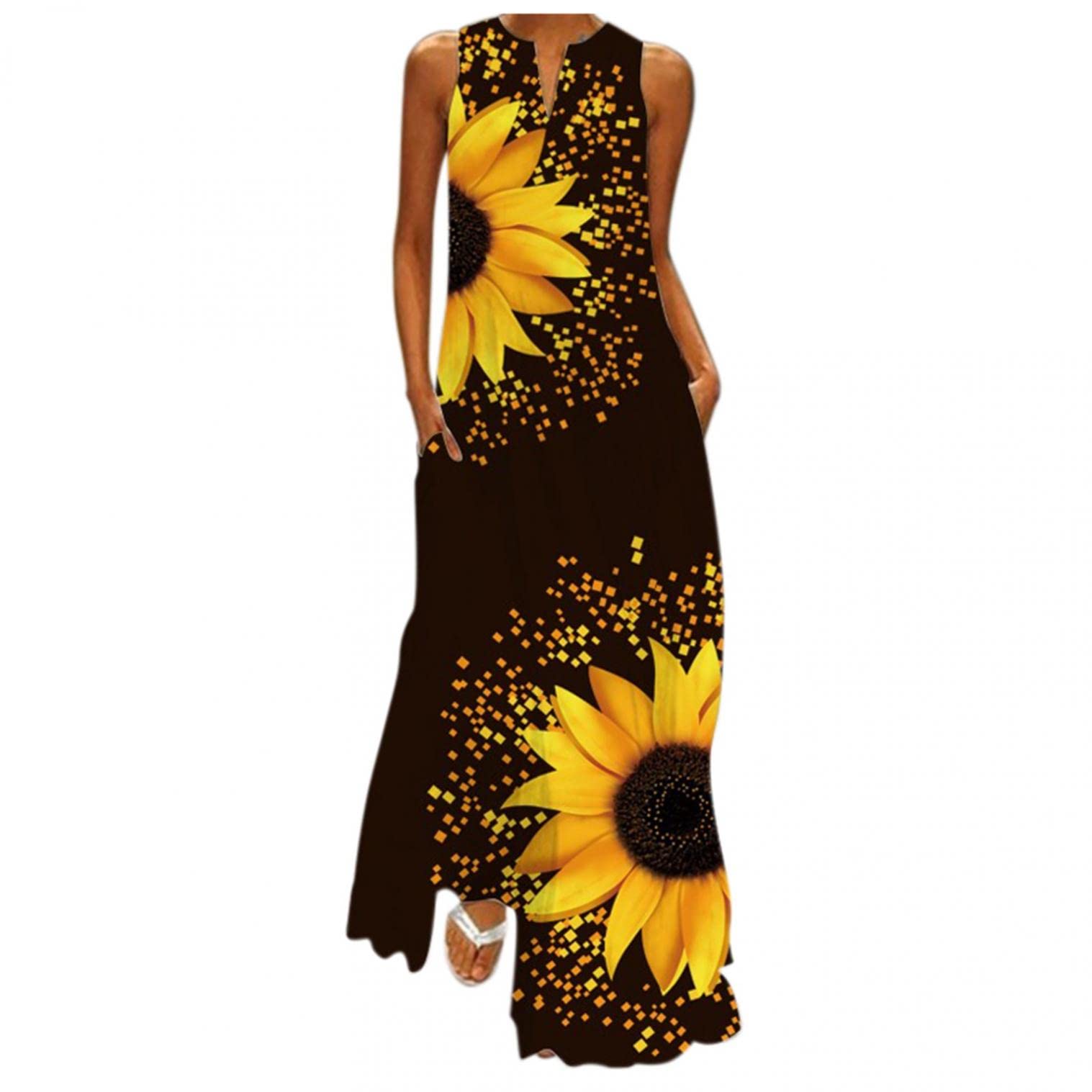 POLLYANNA KEONG Women's Summer Maxi Dress - Casual Loose V-Neck Plus Size Sunflower Print Boho Beach Dress | Perfect for Vacation, Pool Party & Outdoor Date Night