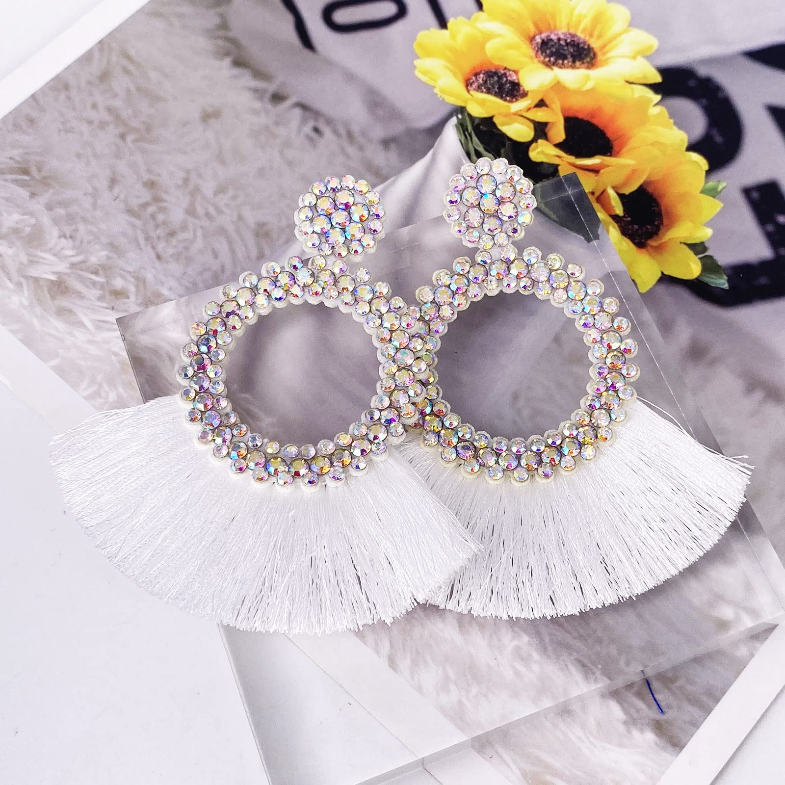 Boho Crystal Tassel Earrings for Women - Sparkly Scalloped Cotton Thread Dangle Earrings 3.34