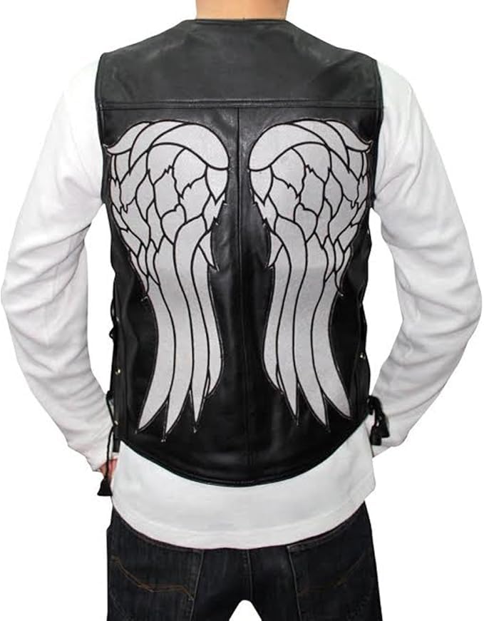 The Walking Dead Governor Angel Wings Daryl Dixon Black Leather Vest Jacket for Men - Size L - Biker Style Motorcycle Vest for Cosplay & Halloween Costume