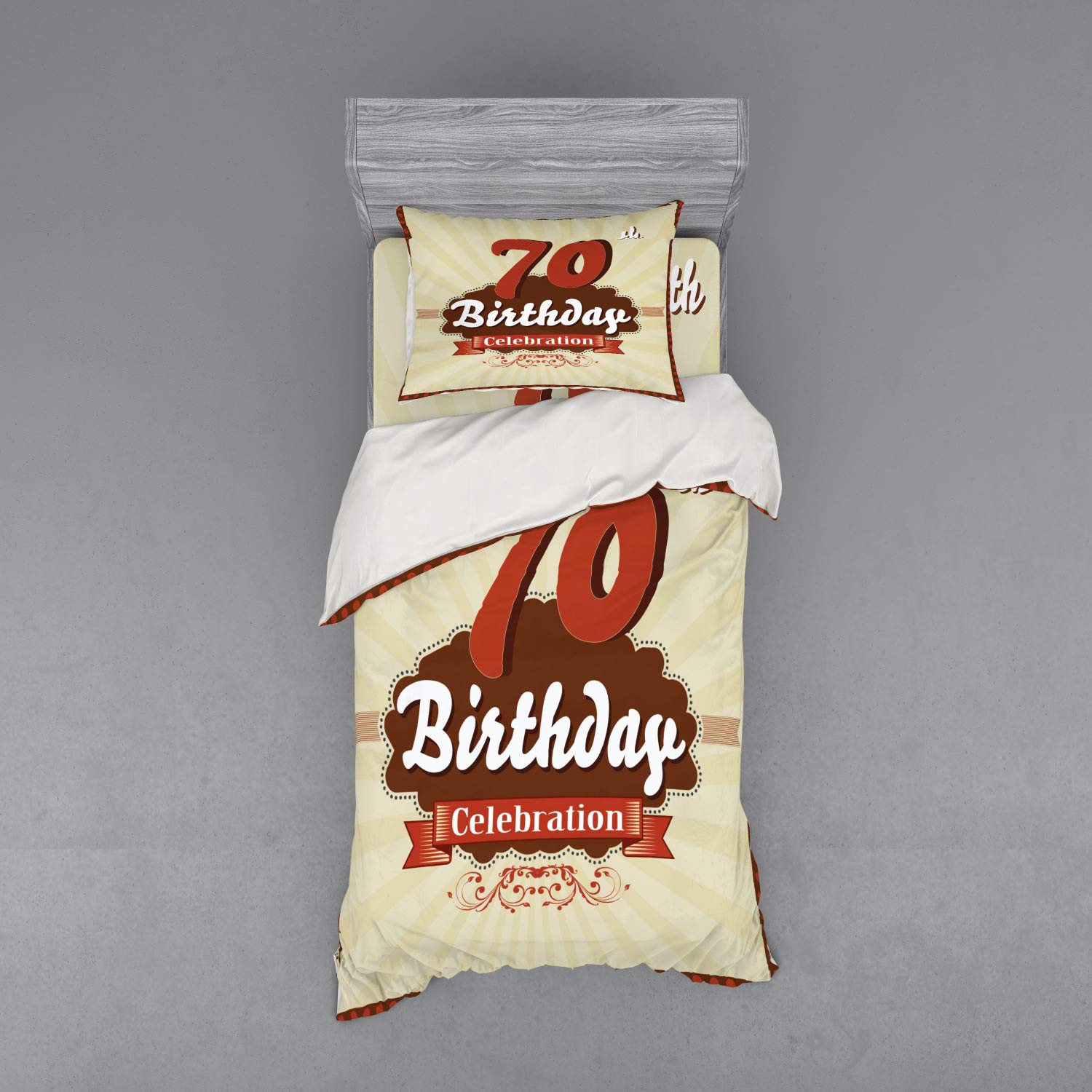 Ambesonne Vintage Candy Store Inspired 70th Birthday Bedding Set - 3 Piece Duvet Cover with Sham & Fitted Sheet, Twin XL Size, Brown & Cinnamon - Perfect for 70th Birthday Celebrations & Retro-Themed Bedrooms