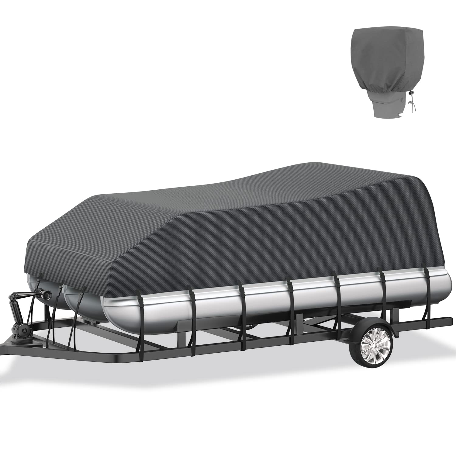 800D Heavy-Duty Pontoon Boat Cover with Motor Cover - Waterproof, UV-Resistant (Grey, Fits 14'-17' Length & 96