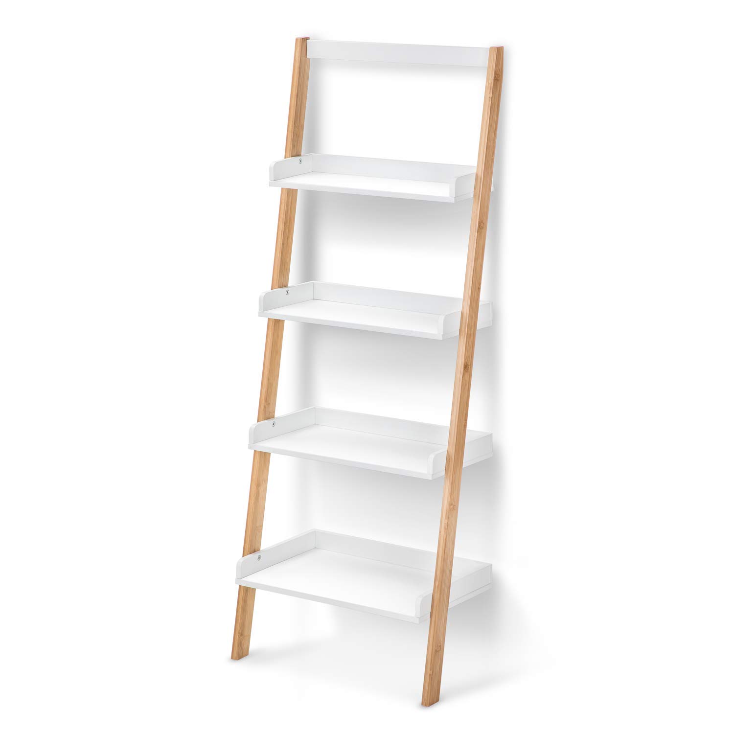 4-Tier White & Bamboo Ladder Shelf - Modern Storage Organizer for Living Room, Bedroom, Office | House of Living Art