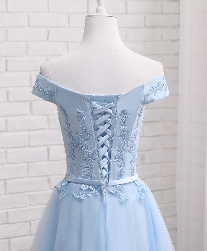 Sky Blue A-Line Lace Off-Shoulder Prom Dress - Elegant Lace Bridesmaid Gown for Weddings, Parties & Special Occasions
