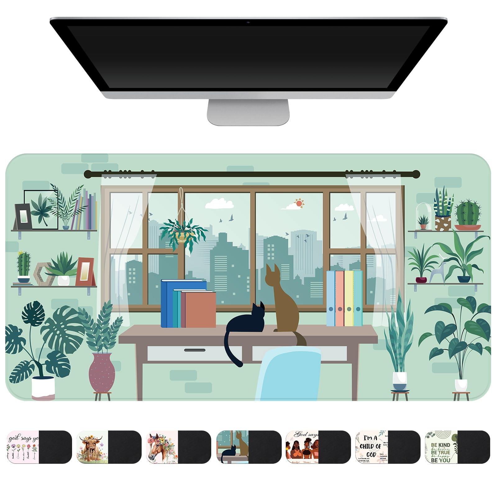 AFRITEE Sage Green Desk Mat with Cartoon Plants & Cats Design - Extra Large XL Non-Slip Office Desk Pad for Computer, Gaming & Home Workspace | Tropical Nature Themed Mousepad for Modern Desks (Home Office, Gaming Setup, Study Room)