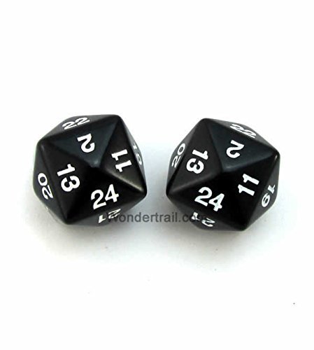 Black Opaque Dice with White Numbers - 24mm (15/16in) D24 Gaming Dice - Pack of 2 - Koplow Games WKP11790E2 - Perfect for Tabletop RPGs, Board Games, and Casino Night