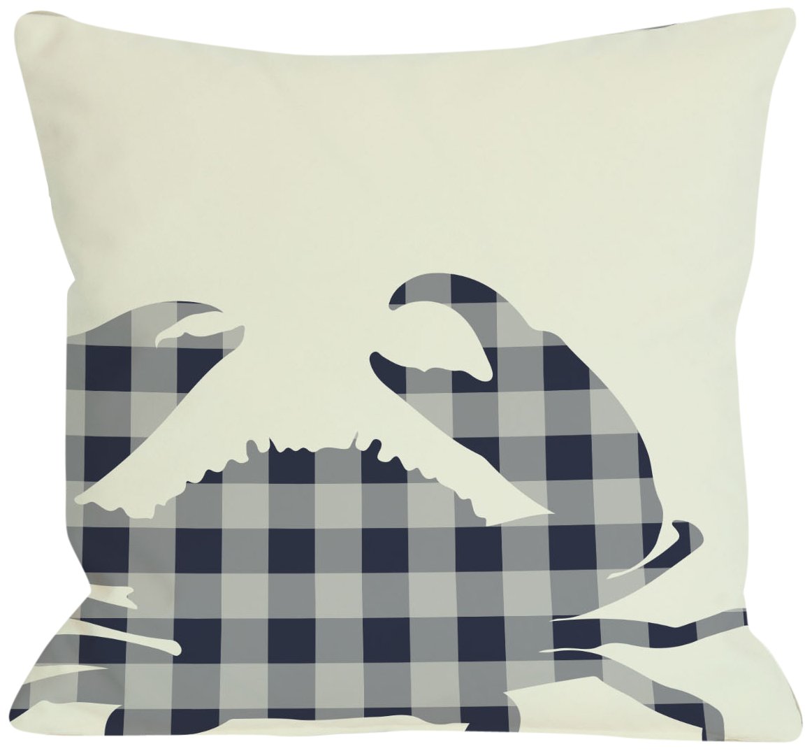 OBC Plaid Crab Outdoor Throw Pillow 18x18 Inches - Ivory & Navy Coastal Decor for Patio, Porch, Beach House & Summer Home Decor