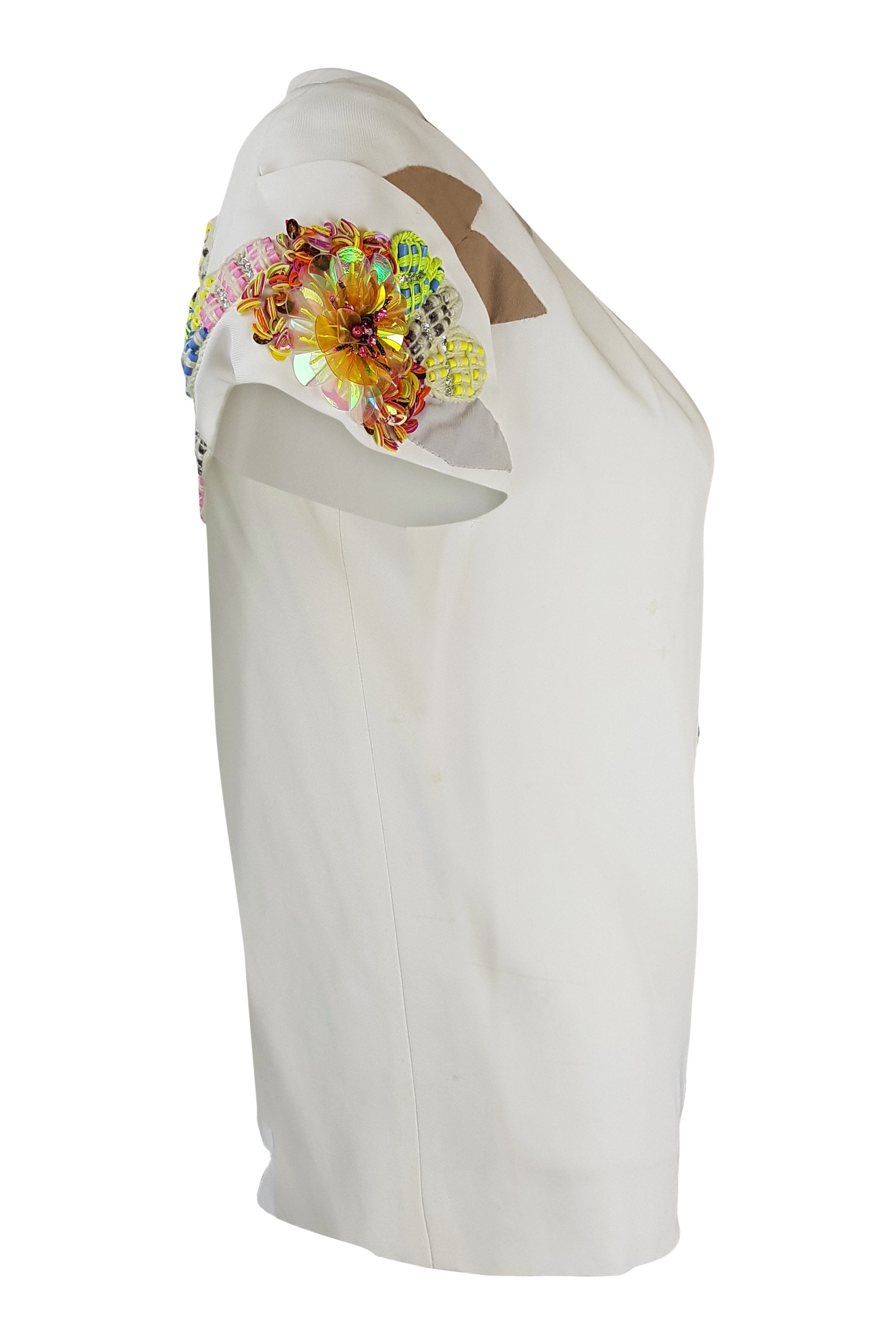 CHLOE Women's Cream Silk Embellished Short Sleeve Blouse Size 40 - Elegant Party Top for Evening Events & Date Nights