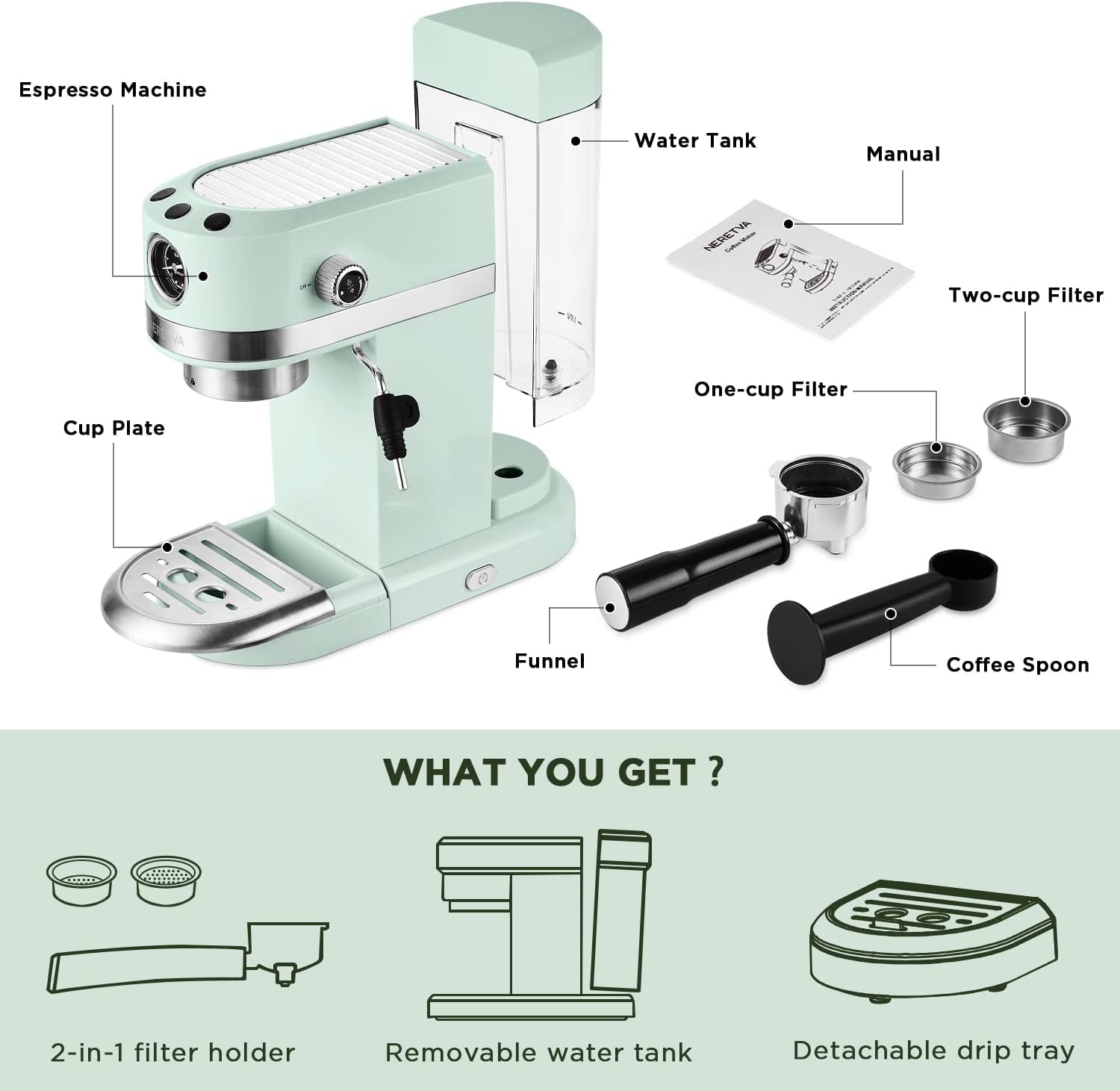 Neretva 20 Bar Espresso Coffee Machine with Steam Wand - Compact Home Espresso Maker for Latte, Cappuccino & Americano, 1350W Italian High Pressure Coffee Machine (Mint Green) - Perfect for Home Baristas & Coffee Lovers